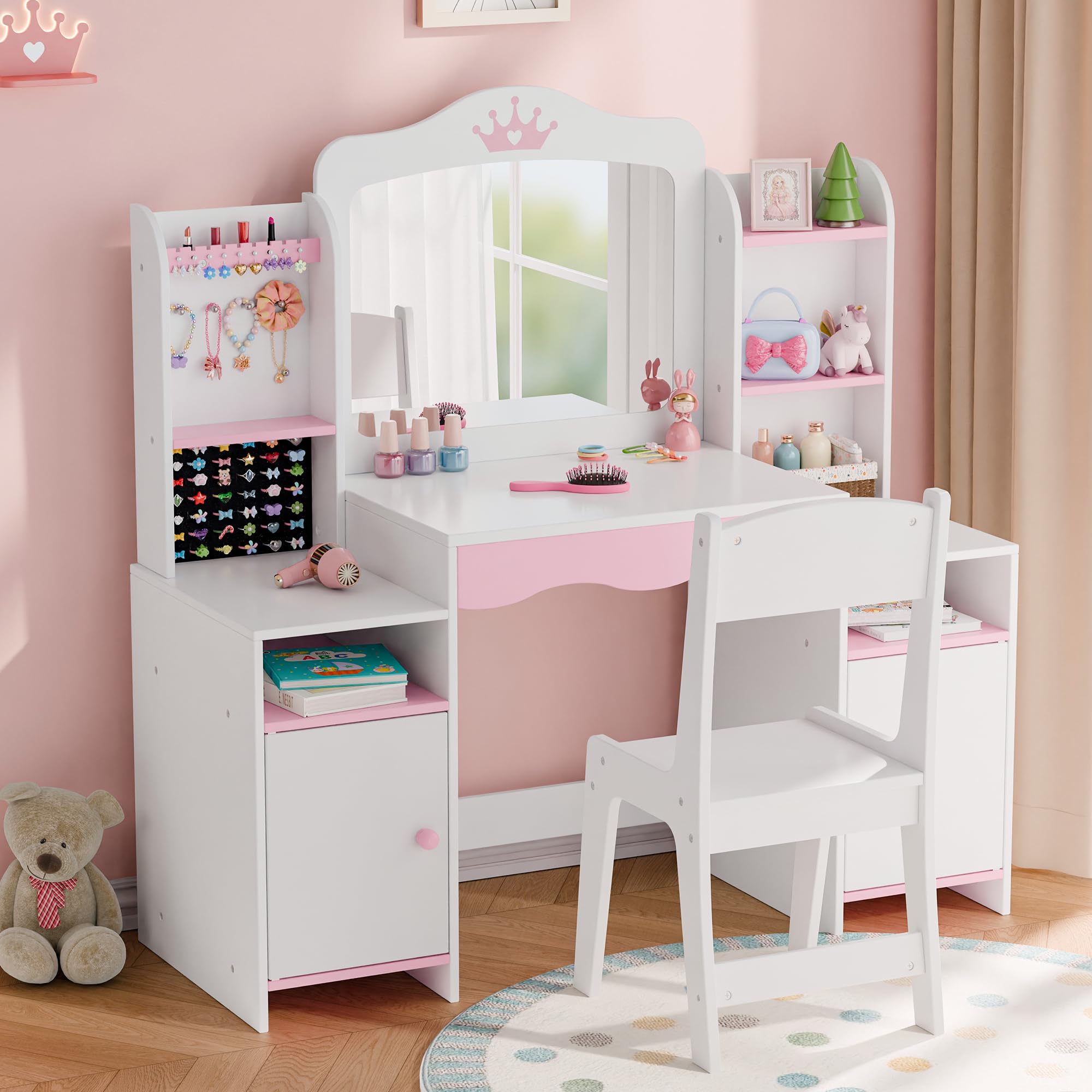 mu kids vanity girl vanity set with mirror and stool 2 in 1 toddler makeup vanity table with jewelry storage wooden princess makeup desk dressing table for little girls white