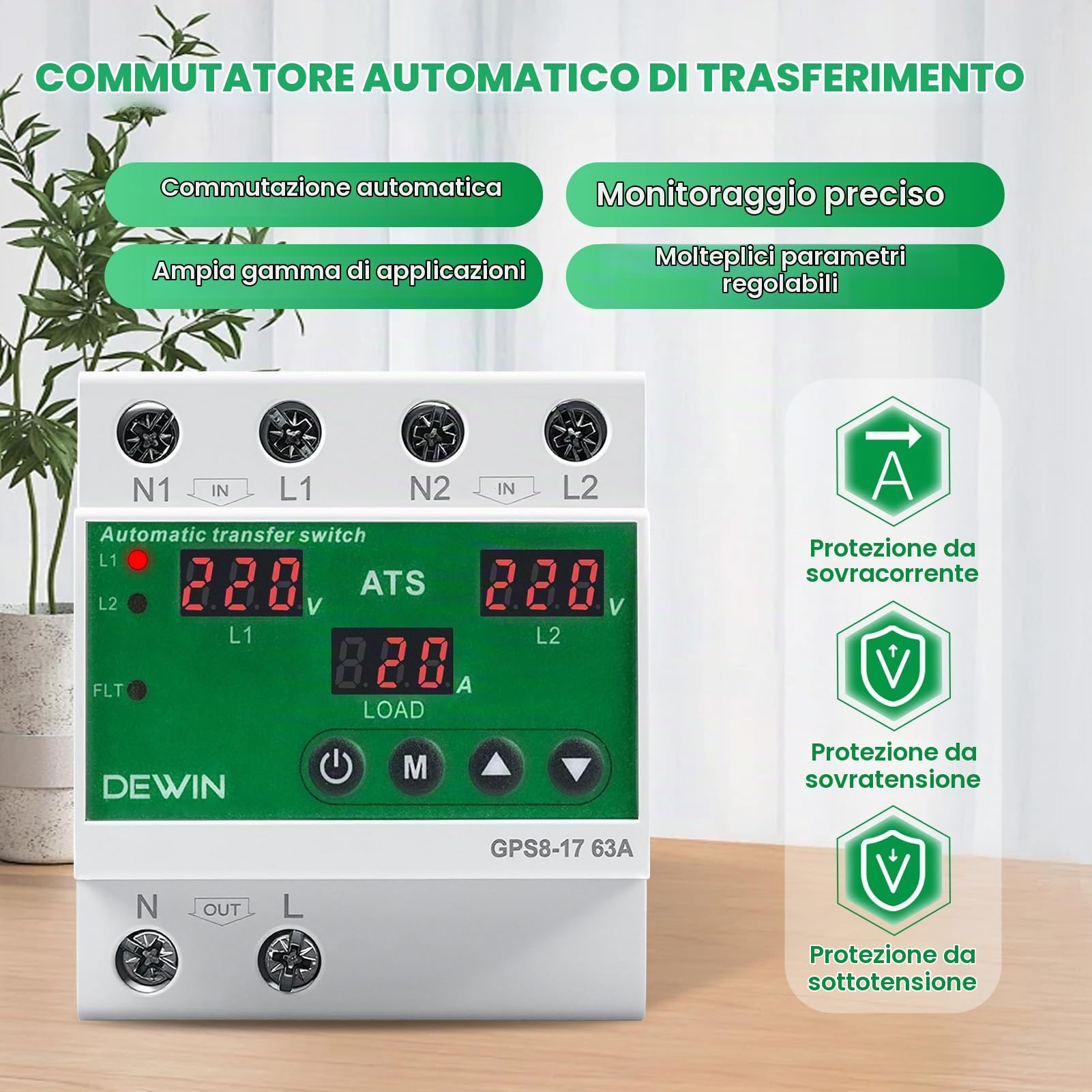 Commutatore di Rete Automatico,ATS 63A AC220V Interruttore di Trasferimento | Interruttore di Trasferimento Automatico con Display LED,Protezione da Sovratensione e Sottotensione Regolabili （GPS8-17）