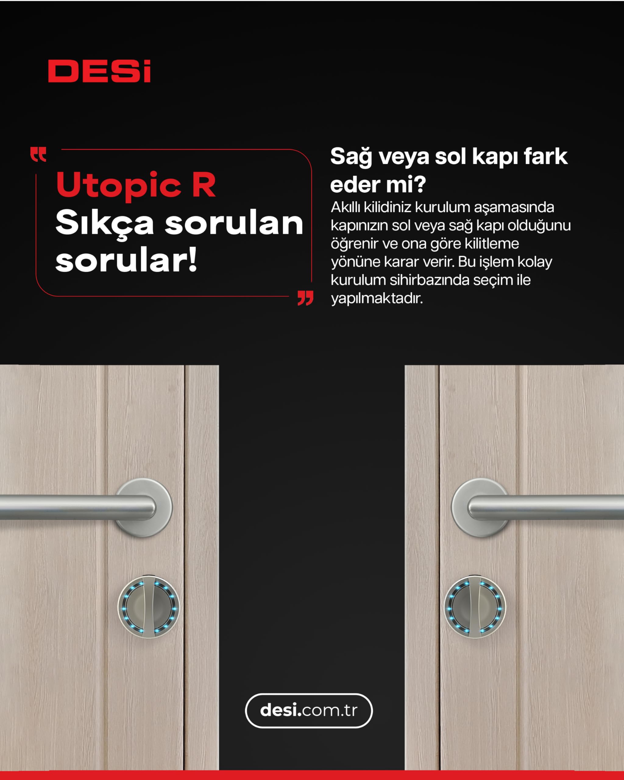 Desi Utopic R Motorlu Silindir Akıllı Kilit, Telefondan Kontrol ve Şarj Edilebilir Pilli Akıllı Kapı Kilidi - Kolay Montaj, Deliksiz Montaj