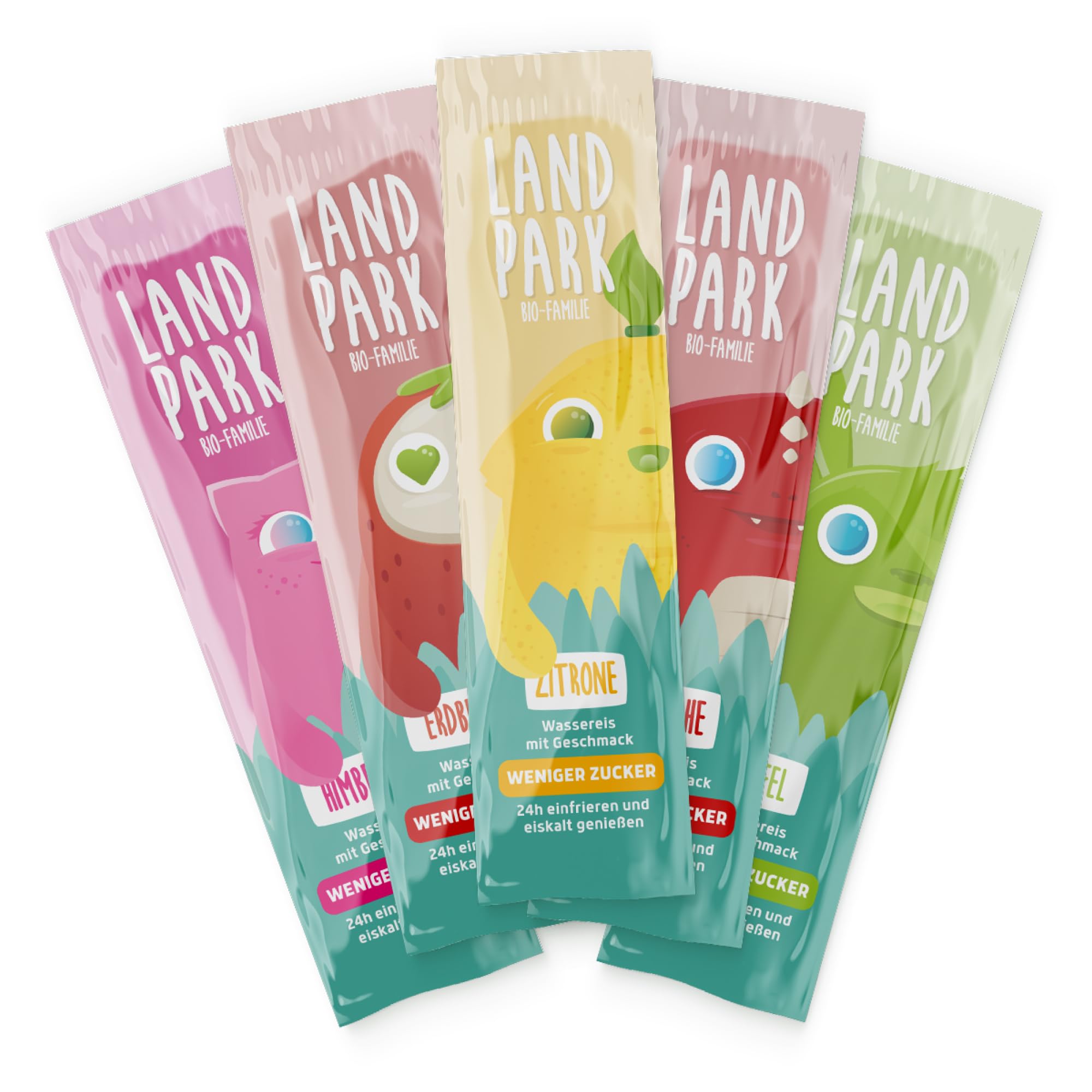 Landpark Bio-Wassereis 10x 40 ml - Unser Wassereis enthält kaum Zucker - 100% Bio Qualität - 5 Geschmacksrichtungen (Erdbeere, Himbeere, Apfel, Kirsche, Zitrone) - Das perfekte Eis für den Sommer