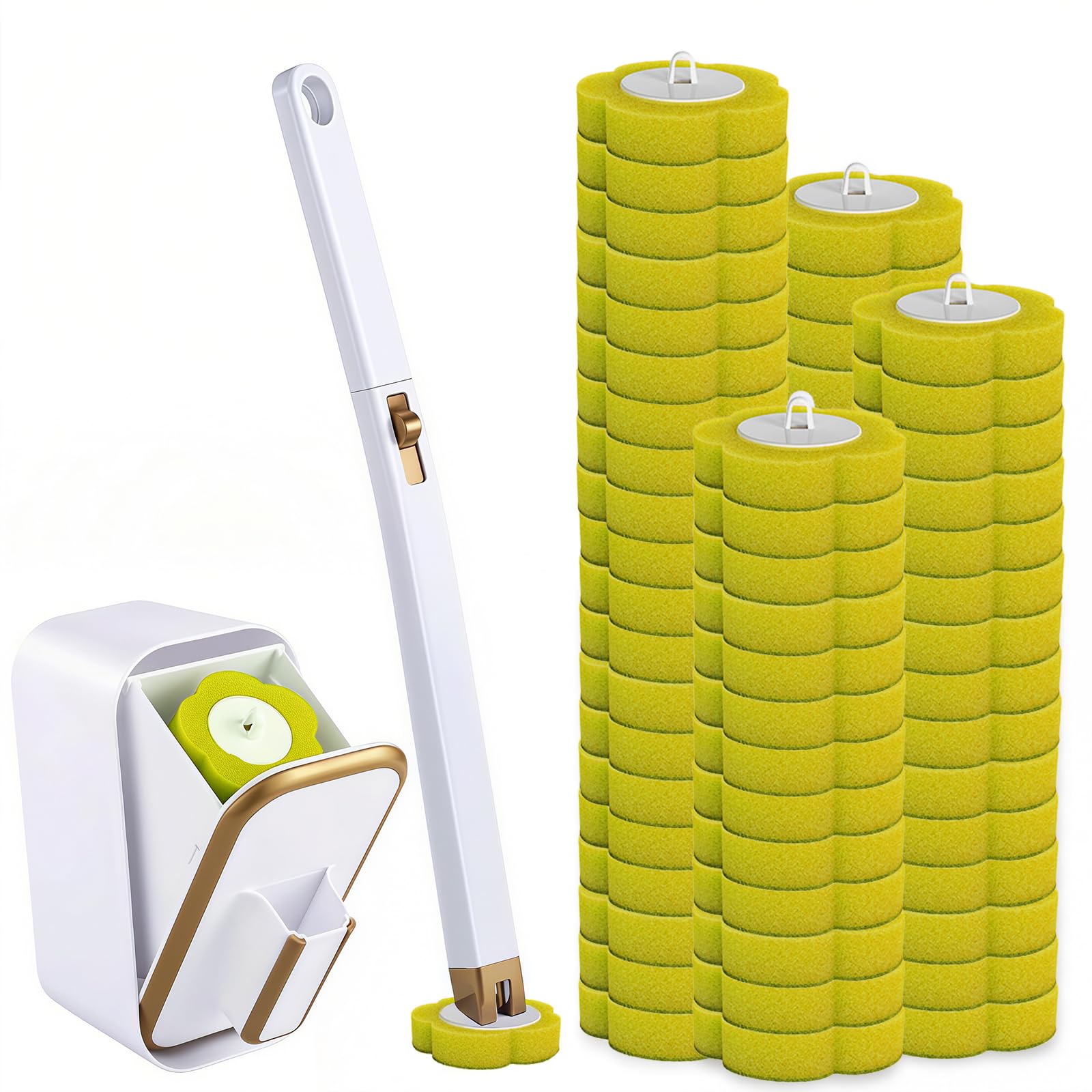 Kisizity Disposable Toilet Brush with 60 Refills, Yellow Toilet Wand Kit