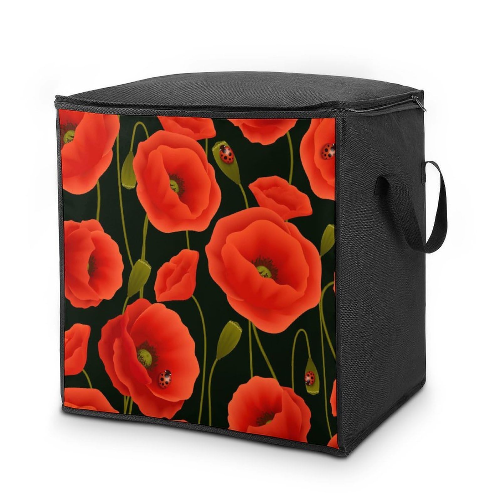 Lyfthologen 70L Storage Bags, Red Poppy Flower Storage Box with Lid Zipper And Handles, Clothes Bags for Quilt, Blankets, Bedding