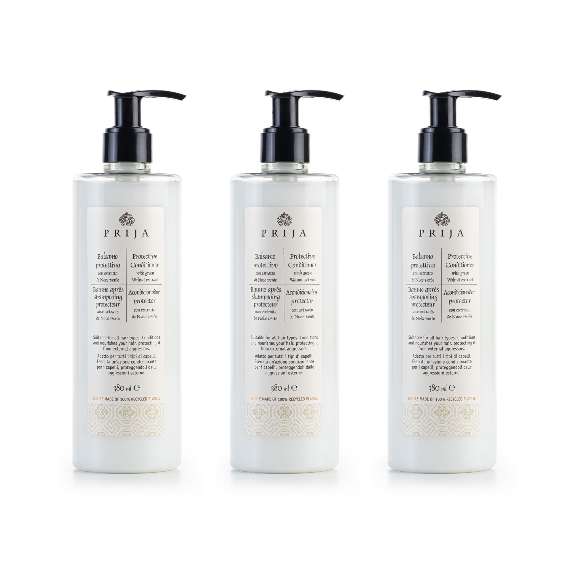 Prija Protective Hair Conditioner with Green Walnut Extract for All Hair Types Conditions and Nourishes Hair and Protects from External Aggressors with Dispensing Pump 3 x 380ml