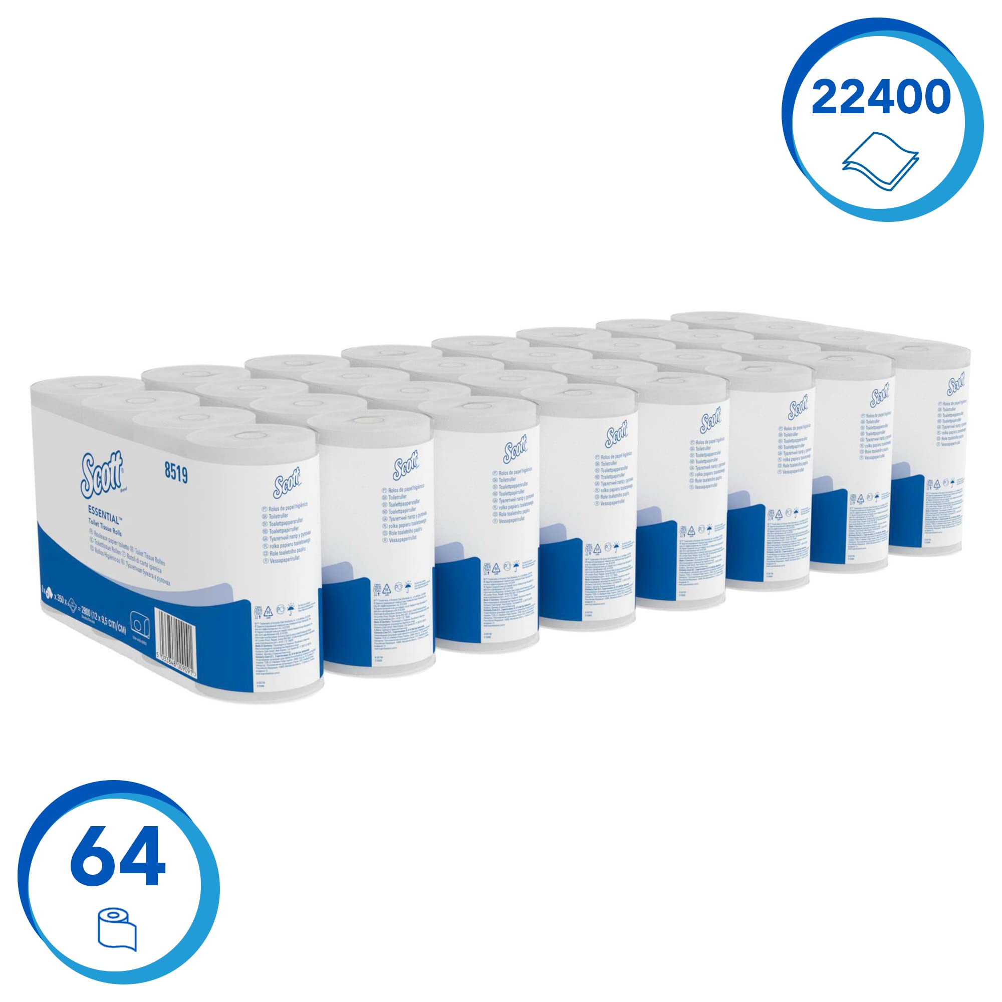 Scott Essential, 8519, Papel higiénico en rollo estándar, 2 capas, blanco, 64 rollos x 350 hojas