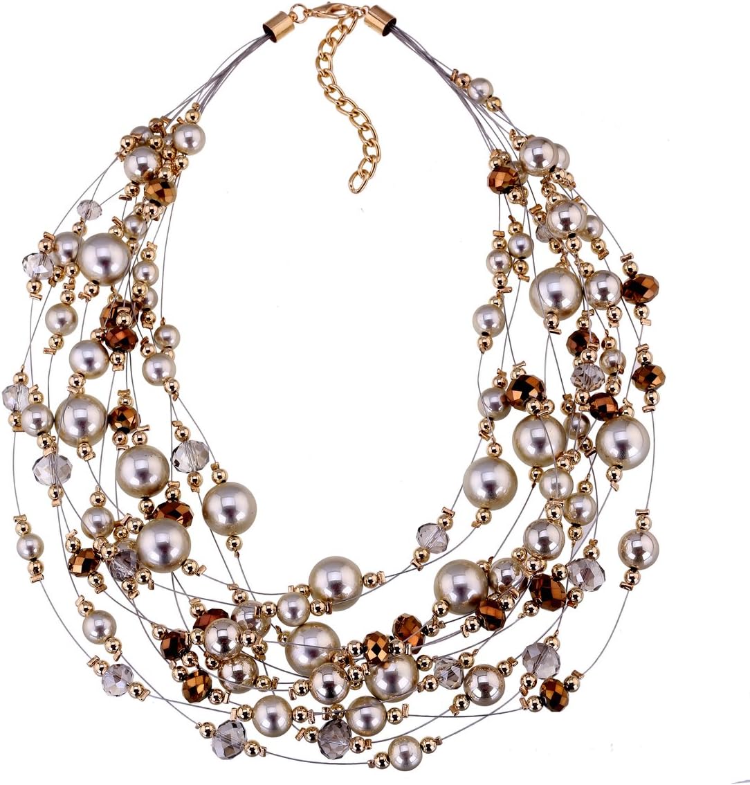 Fashion Golden Beads and Glass Beads Stands Choker Necklace for Women Multi-Layers Imitation Pearls Statement Necklace 2 Colors