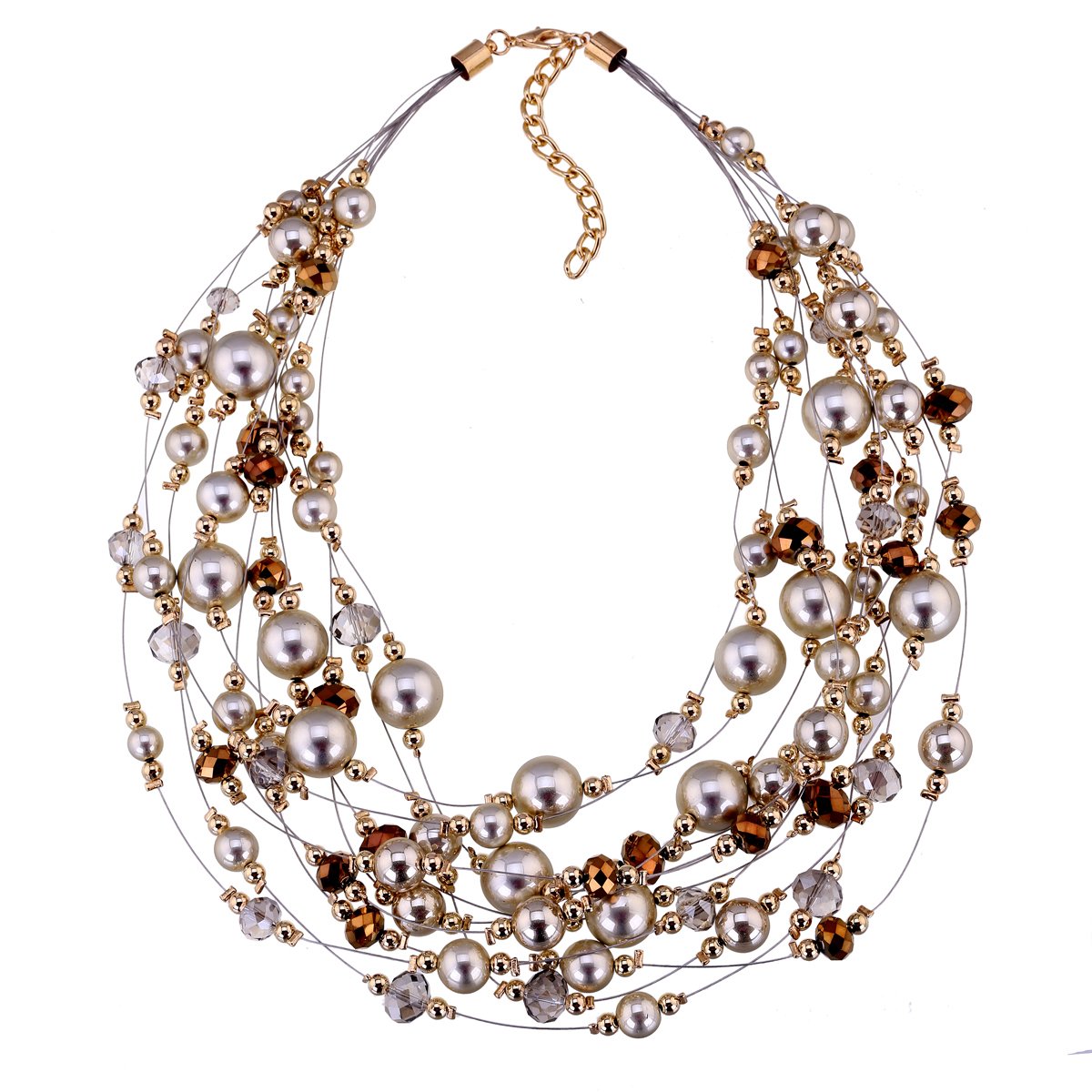 Fashion Golden Beads and Glass Beads Stands Choker Necklace for Women Multi-Layers Imitation Pearls Statement Necklace 2 Colors