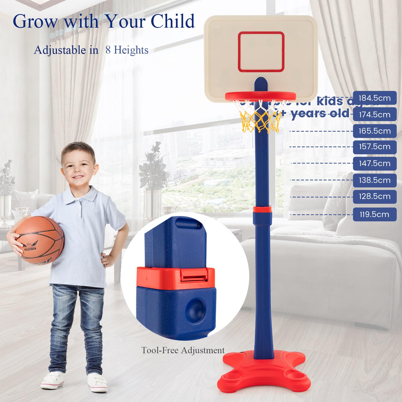 HOMASIS Panier De Basket Enfant – Hauteur Réglable 160-216 Cm – Base Stable, Intérieur/extérieur – Dès 3 Ans