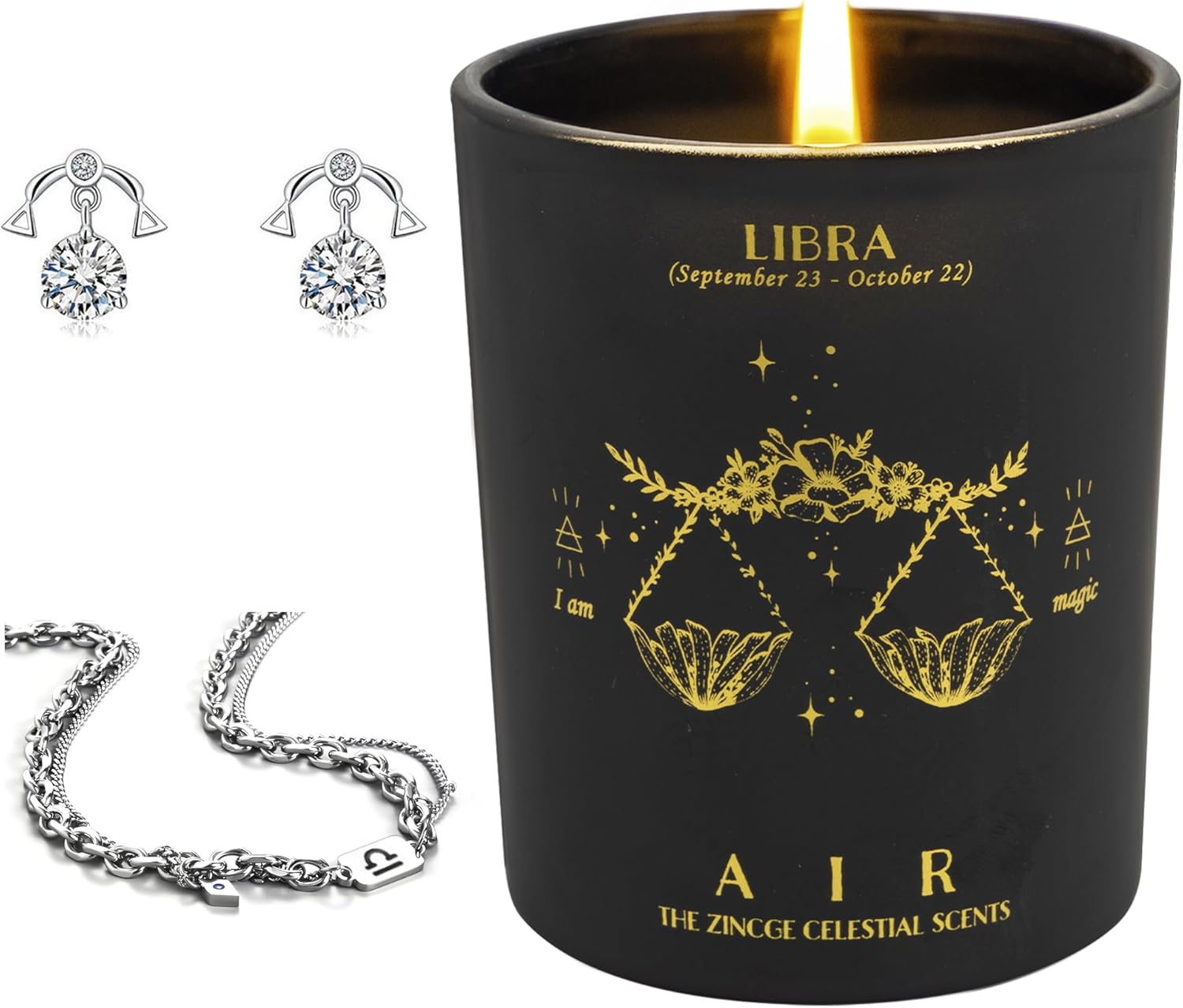 Aries Gifts for Women - Crystal Stone Rose Scented Candle with Zodiac Bracelet and Earrings - Zodiac Gift Set for Her Birthday, Astrology Lover, Christmas