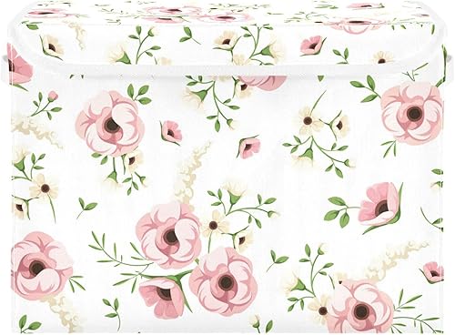 DOMIKING Cestas de almacenamiento de flores rosas con tapas contenedores rectangulares decorativos para organizar juguetes cajas de almacenamiento