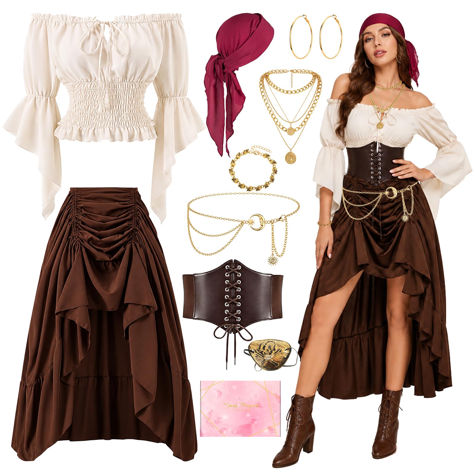 Disfraz Pirata Mujer, Disfraz Medieval con Camisa, Cinturón y Accesorios
