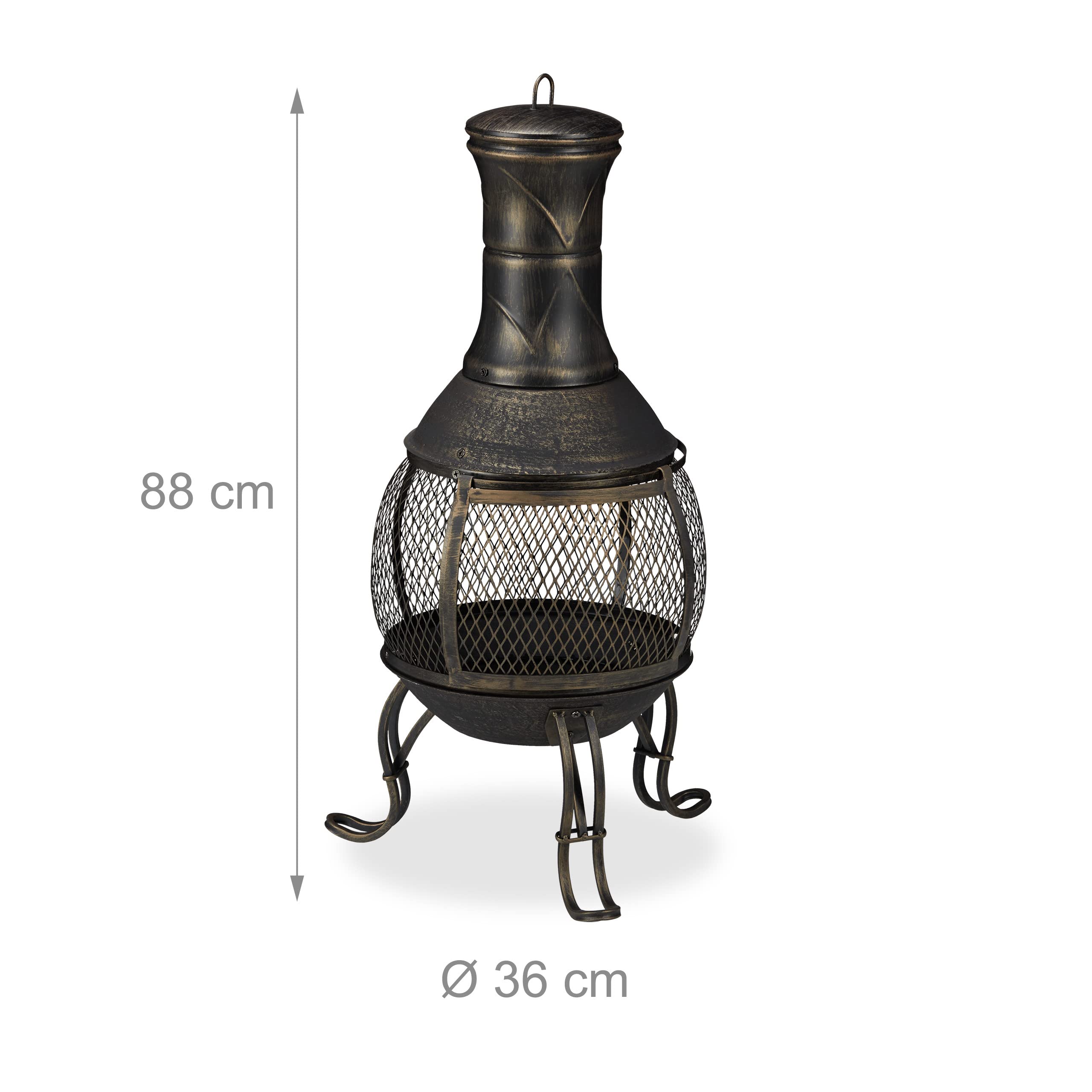 Relaxdays Terrassenofen, Stahl & Gusseisen, HxD: 88x36 cm, Gartenkamin Funkenschutz, Chiminea, Aztekenofen, schwarz/Gold