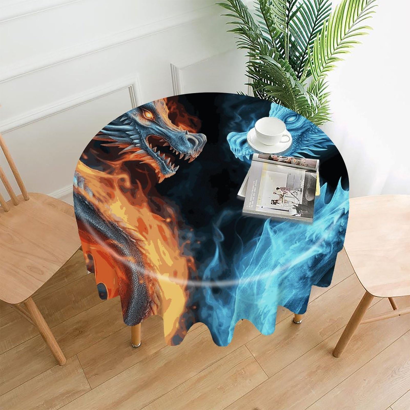 VstaDank Ice and Fire Dragons Table Cloth Fashions Washable Round Tablecloth Decorative Table Cover Comfortable Straight Edge Tablecover for Dining Kitchen Party Outdoor 60 Inch