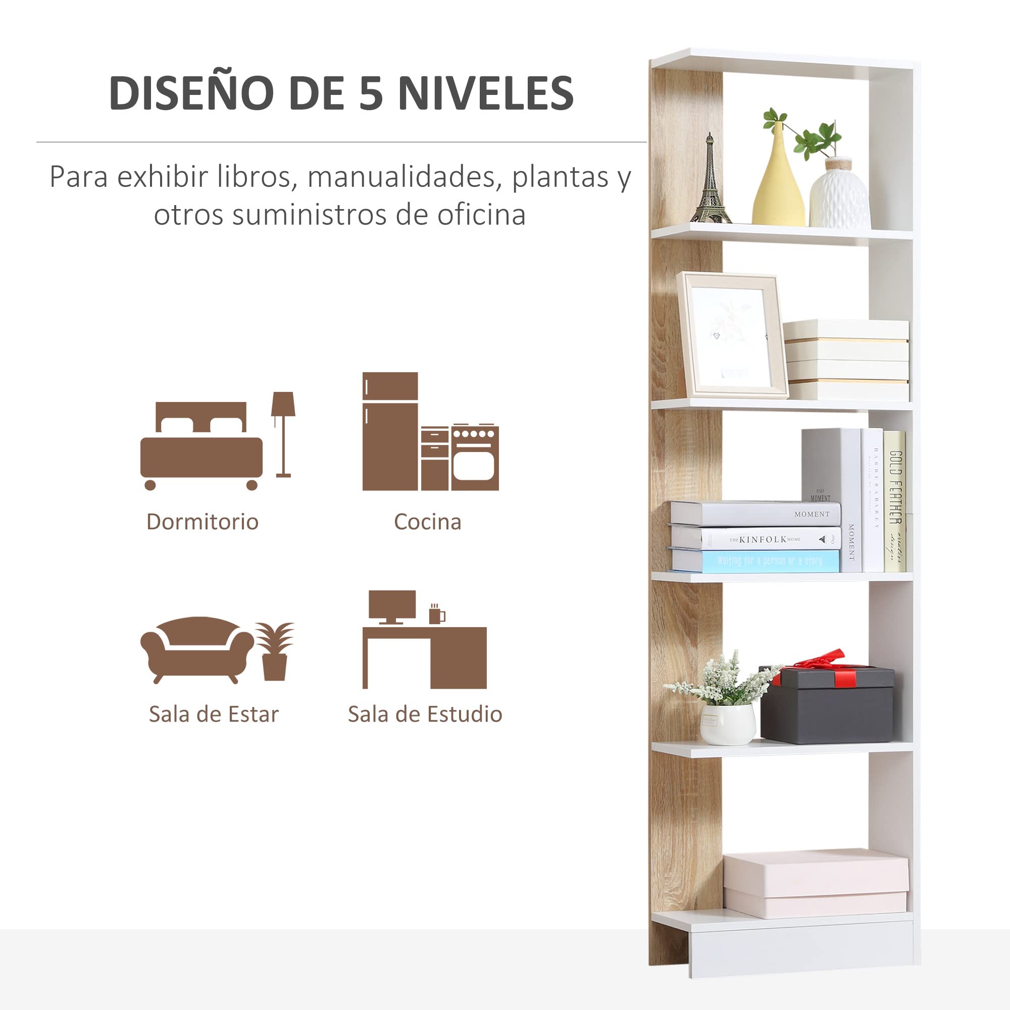 HOMCOM Estantería de Almacenaje 5 Estantes 45x21x170 cm Blanco Roble | Librería Multiusos, para Estudio Oficina, Base Elevada, Diseño Elegante