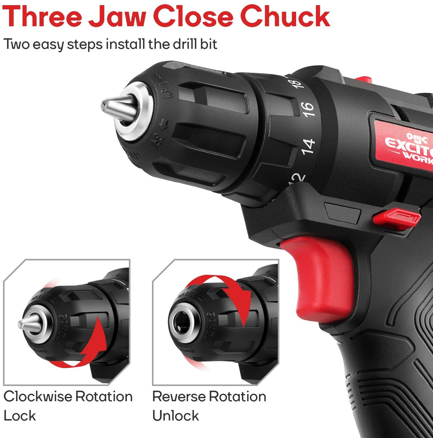 Excited Work 20V Max Cordless Power, LED Light, Max 310in.lbs. 18+1 PoisitionTorque Drill Driver Kit & Home Tool Kit for Drilling and Screwing