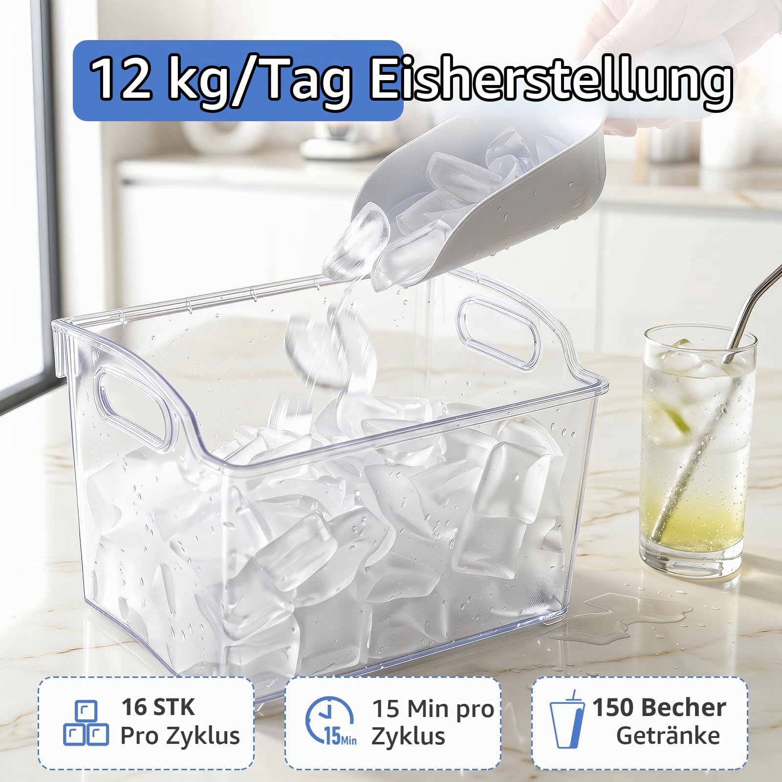 COSTWAY Eiswürfelmaschine für klare Halbmond-Eiswürfel, 12 kg/Tag,