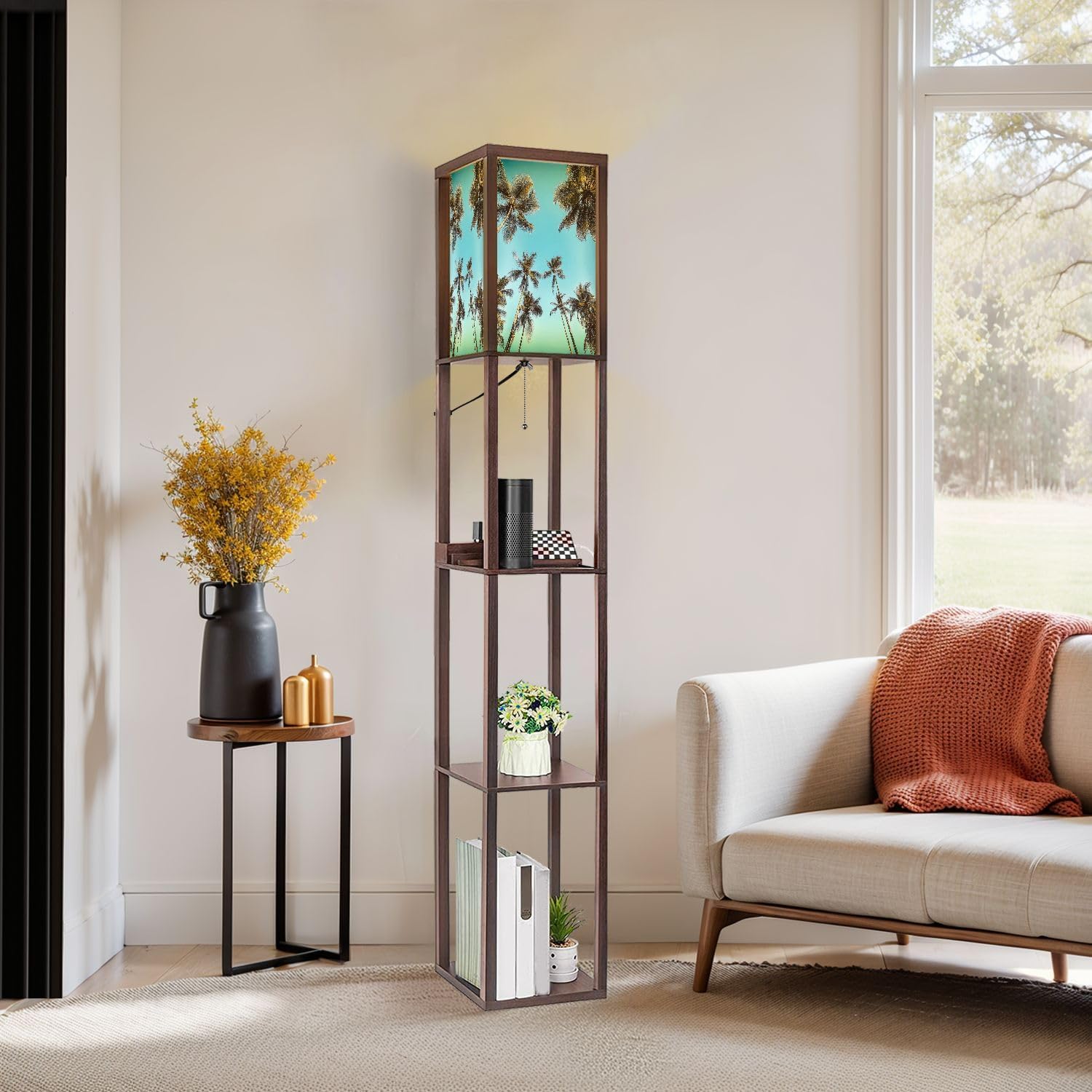 Floor Lamp with Shelves Tropical Coconut Palm Trees Vintage Toned Standing Tall Lamp USB Ports & Power Outlet Modern Corner Lamp Nightstand Light for Living Room Bedroom
