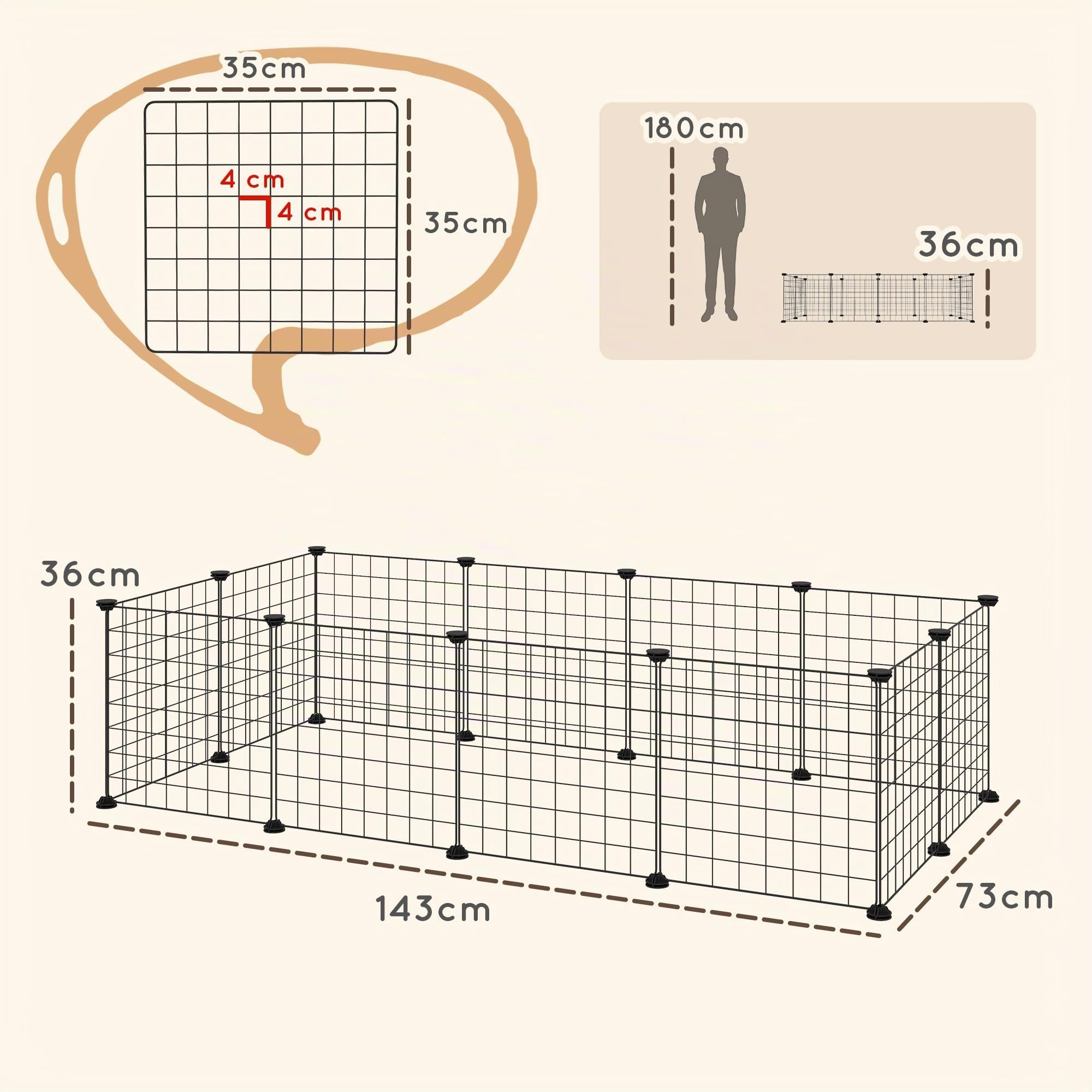 Pawhut Clôture métallique pour Animaux de Compagnie avec 12 Panneaux Parc métallique pour Petits Animaux Amovible Design Bricolage Noir 106 x 73 x 36 cm