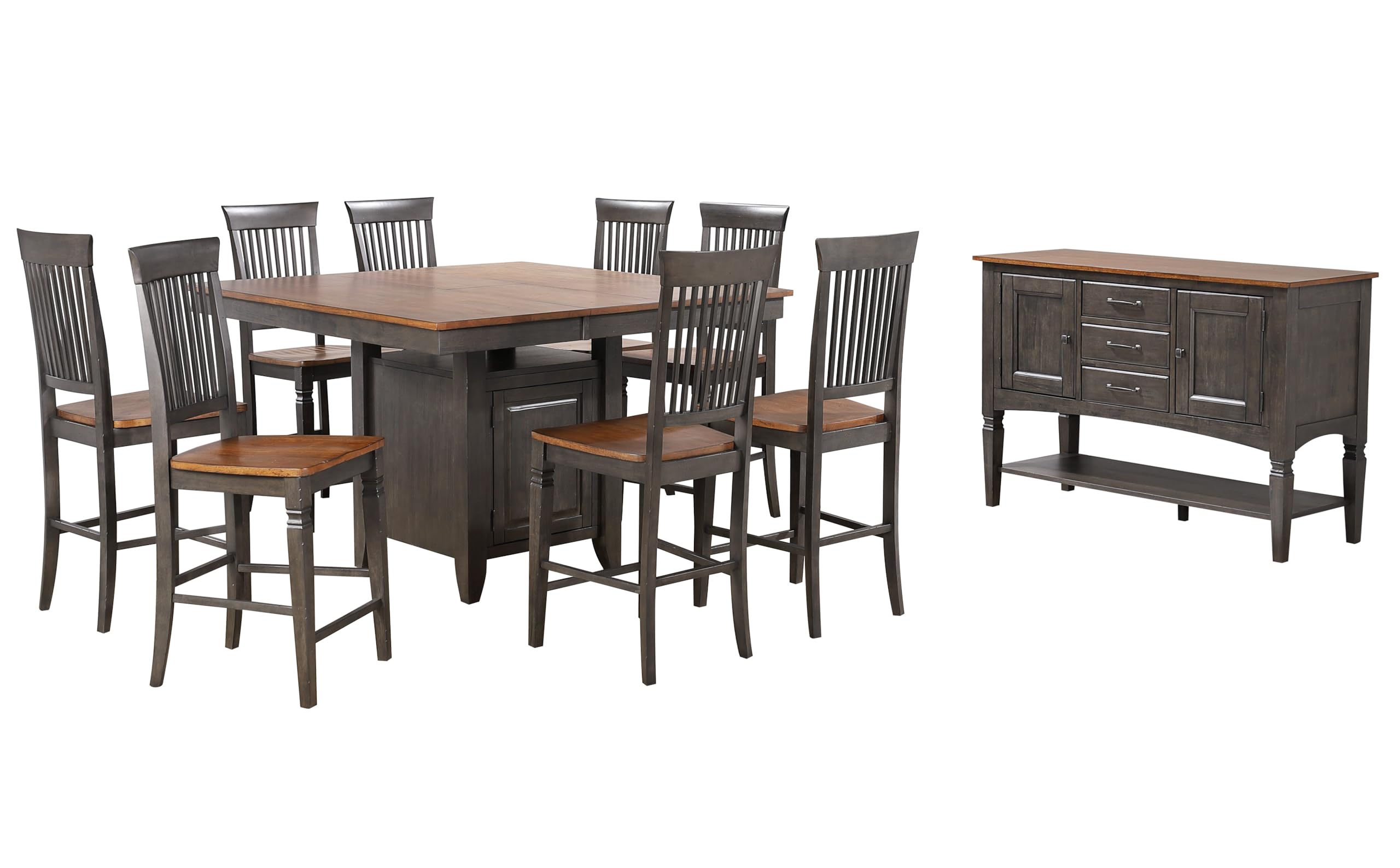 Sunset Trading Dakota 10PC Counter Height Extending Square 42-54" Pub Dining Table Set w Built in Storage | 8 Stools | Sideboard w Cabinet Drawers