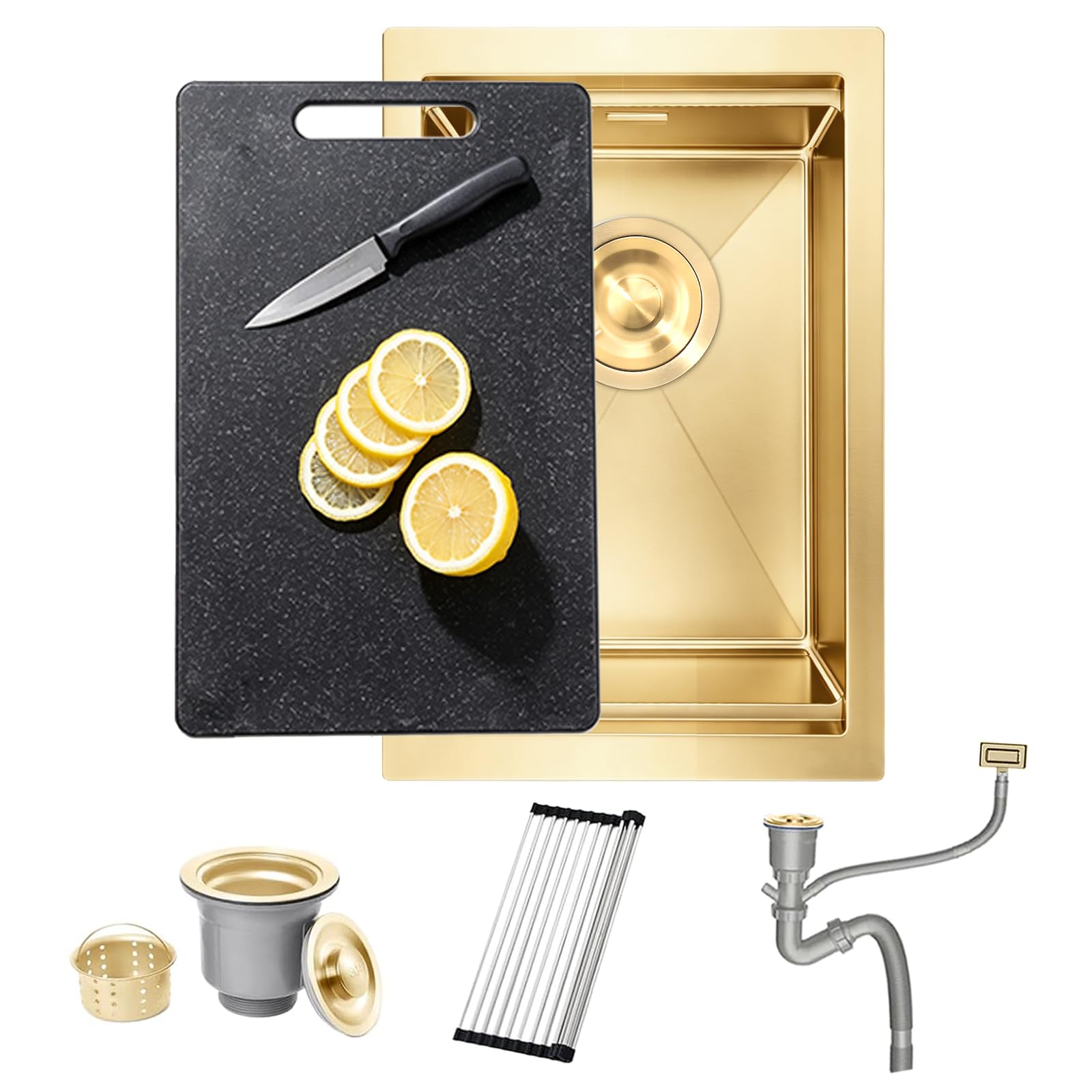 Gold Hidden Bar Sink 30x45cm Chopping Board, 16G Stainless Steel Undermount