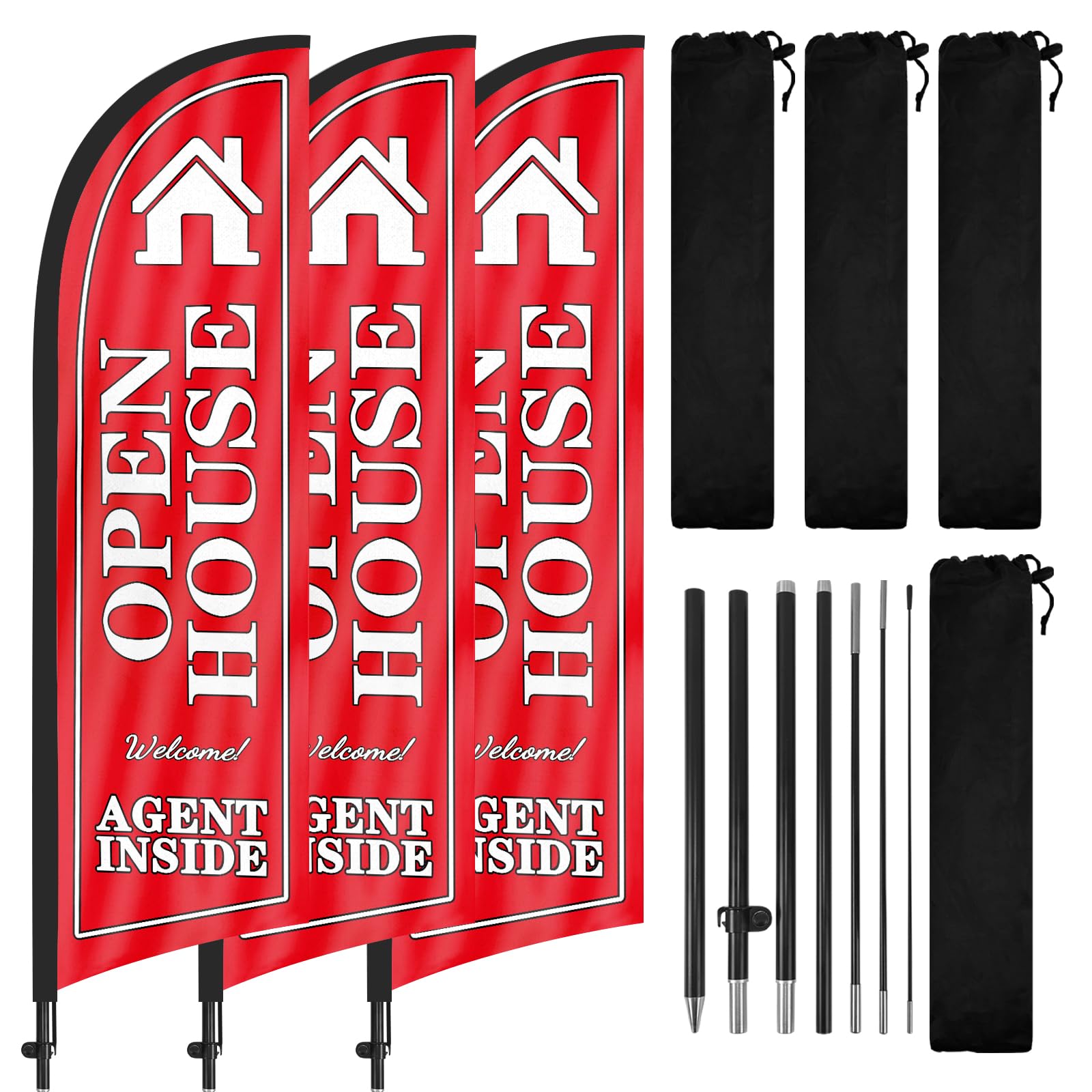 Open House Flags for Real Estate Agents, Open House Flag with Pole Kit and Ground stake, Open House Signs for Real Estate 8FT, Open House Flag Sign