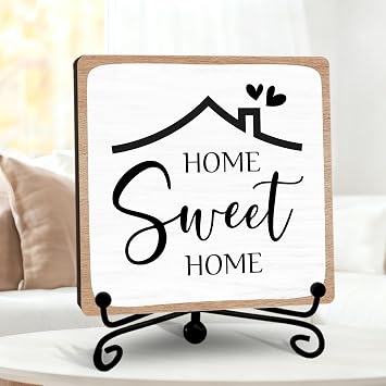 Home Sweet Home Sign Decor, Rustic Home Kitchen Decor And Accessories, Farmhouse Wooden Sign With Iron Stand, Housewarming Gift for Living Room Bedroom Bathroom Shelf Table - A02
