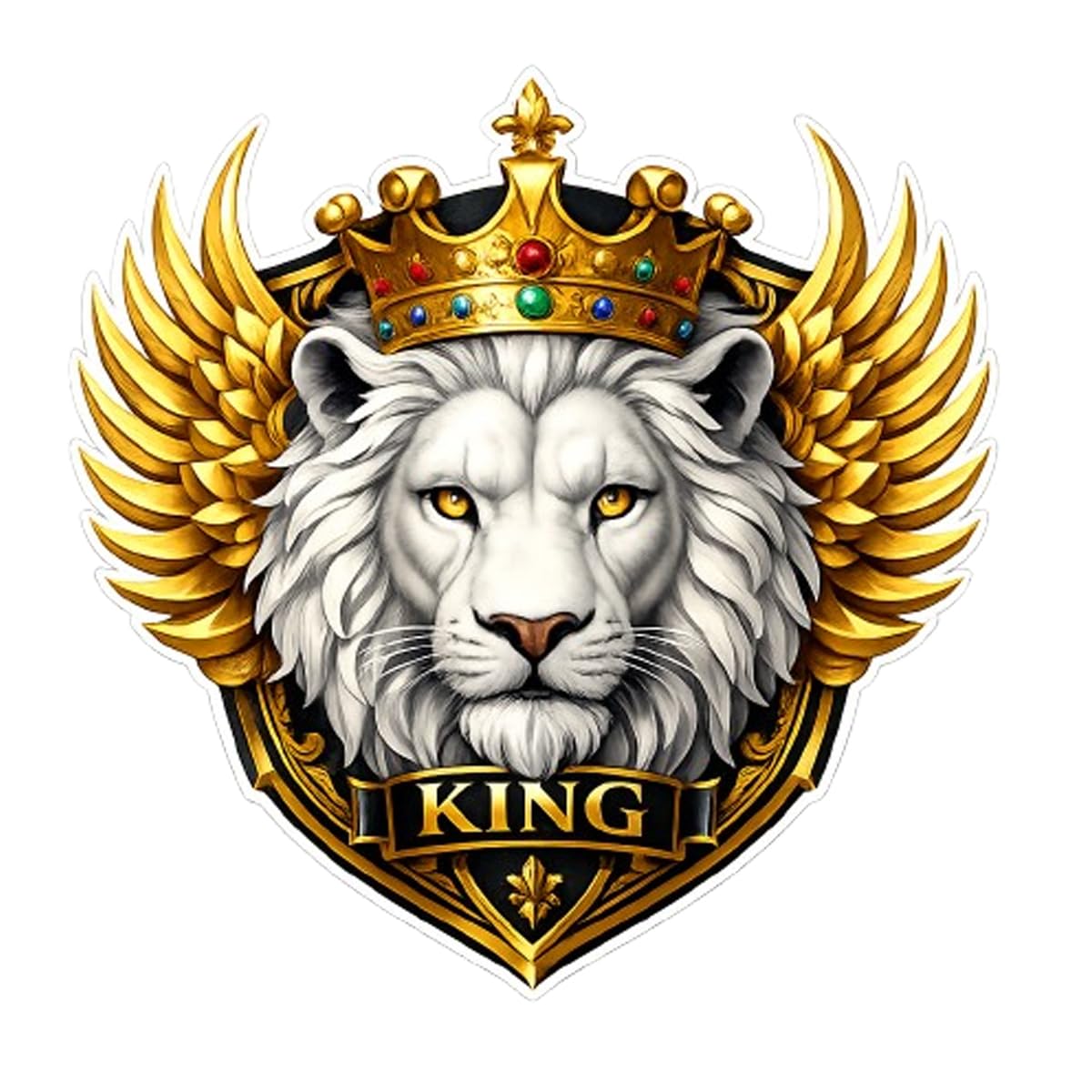 Arasan Graphics Lion King Crown Sticker – Royal White Lion Emblem Premium Gold Wing Badge Vinyl Decal for Bike, Car, Laptop & Helmet-image-1
