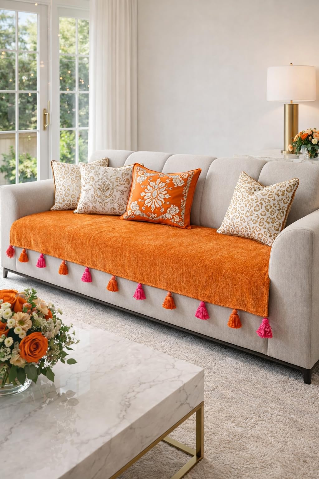 Burnt Orange Sofa Cover 4 Seater Pink and Orange Tassels: Thick Fabric, Designer Premium Furnishings, Anti-Slip, Sofa Protector: Seat Protection- Fits 4 Seater Sofa, Size: 65 x 230 CMS -1 Piece-image-3