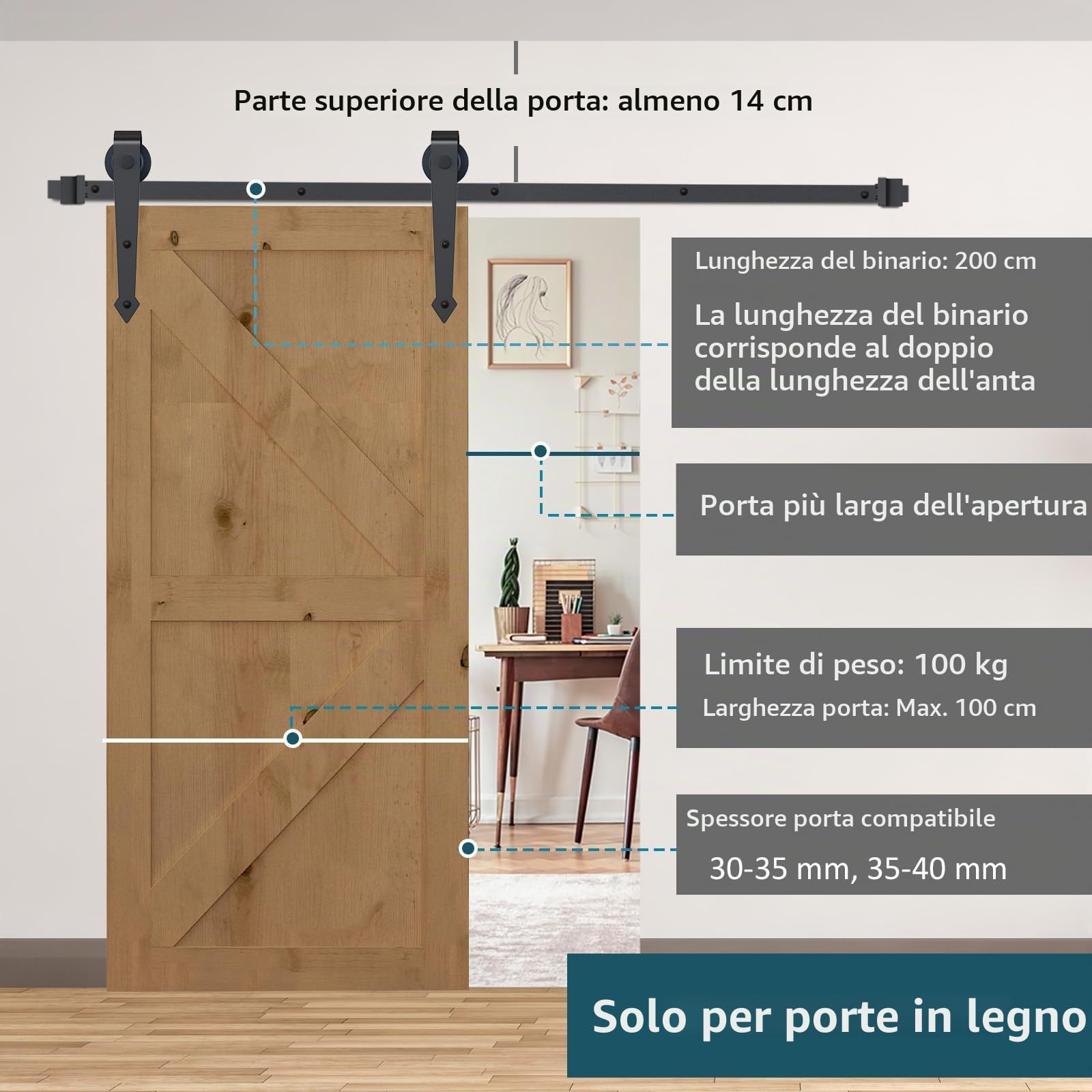 HOMCOM 200CM/6.6FT Kit per Porta Scorrevole da 2 m con Binario Marrone | Acciaio al Carbonio, per Porta Scorrevole Singola, con Rotelle Stile Rustico
