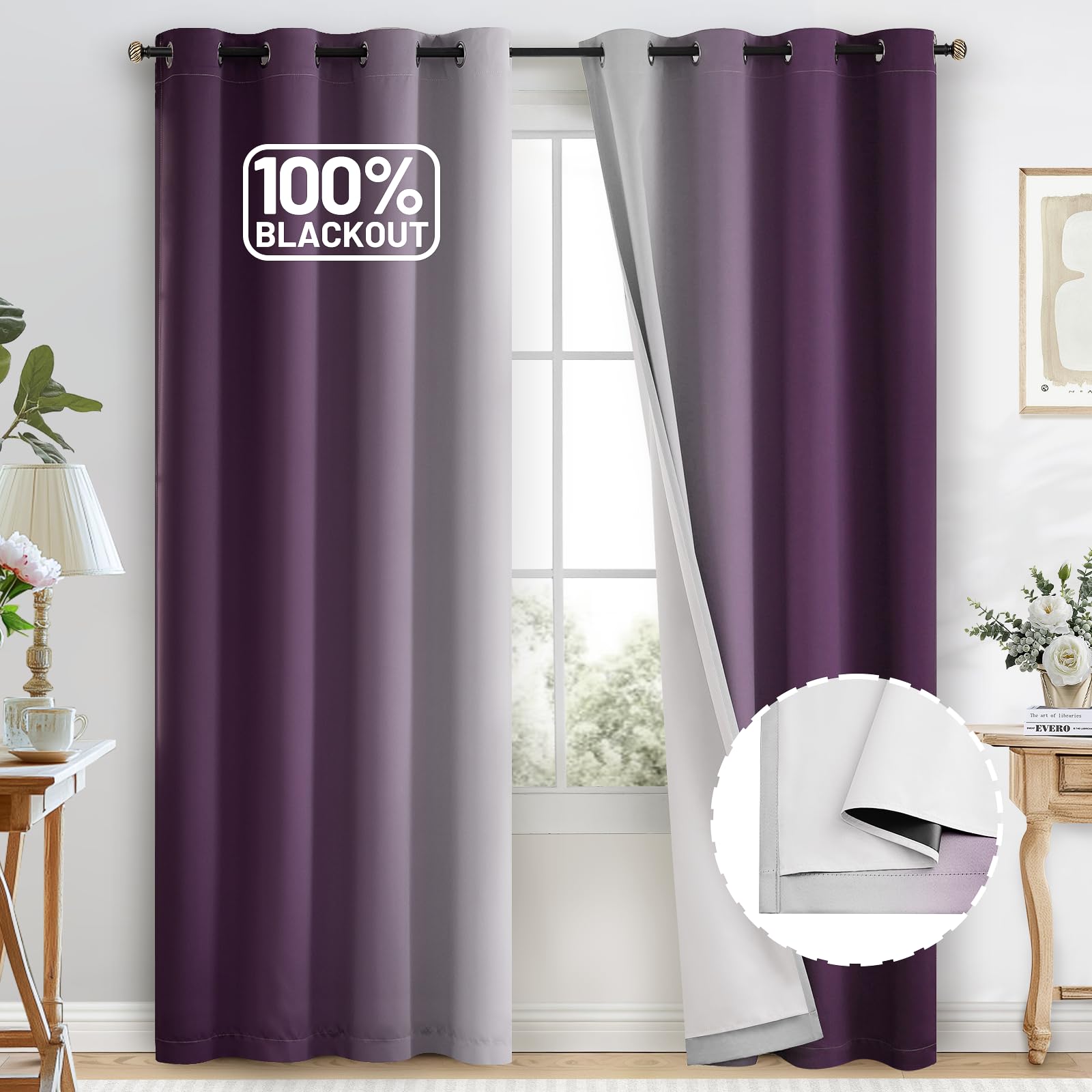 COSVIYA 100% Blackout Purple Ombre Curtains for Bedroom with White Back, 2 Thick Layers Thermal Insulated Room Darkening Grommet Window Drapes, 52x84