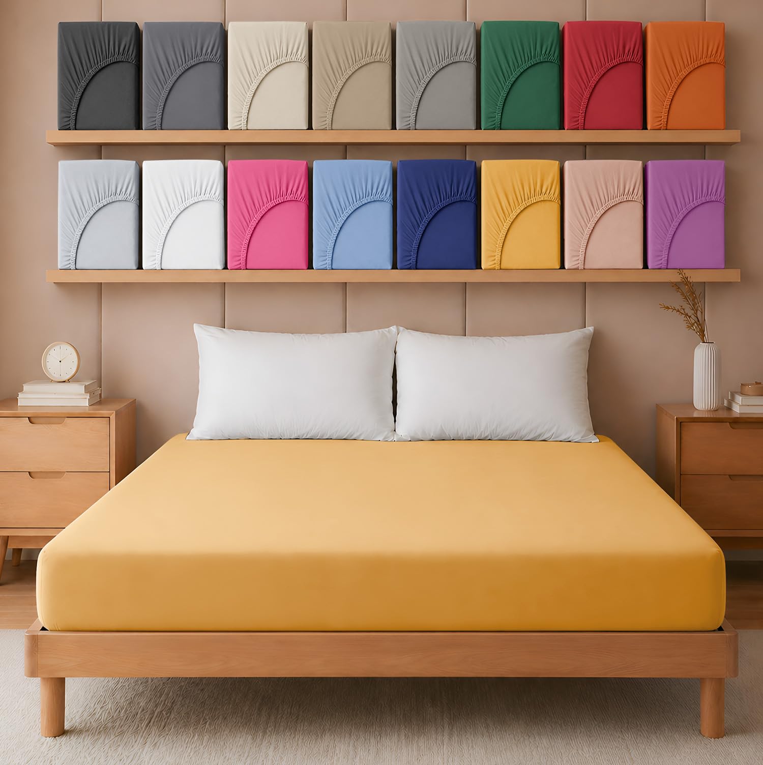 Hafaa Single Fitted Sheet – Easy Care 25 cm Deep Brushed Microfibre Elastic Ochre Fitted Bed Sheets- Shrinkage and Fade Resistant (91 x 191 cm)