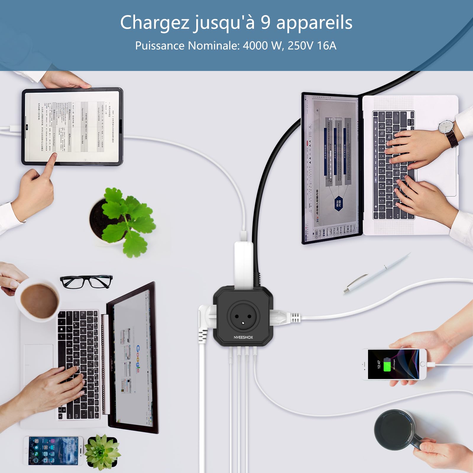 NVEESHOX Cubo Multipresa a 5 prese con 3 porte USB +1 USB C PD20W porte | Multipresa Scaricatore con Interruttore, (16A/4000W) - Blocco multipresa elettrica cavo 2M per casa ufficio, viaggio (nero)