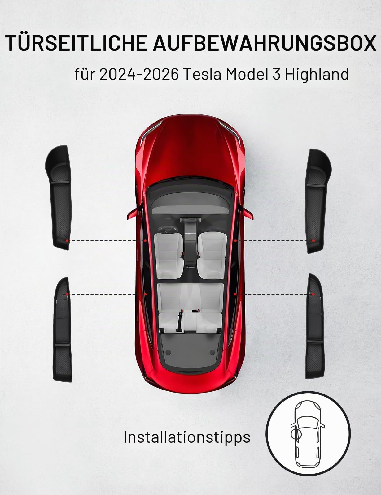 BASENOR 2024-2026 Tesla Model 3 Türseitenaufbewahrungsbox, Türfach-Einsätze, TPE-Organizer-Tray-Schutz für vordere & hintere Seiten, TPE-Zubehör-Set (4 Stück) für Model 3 Highland