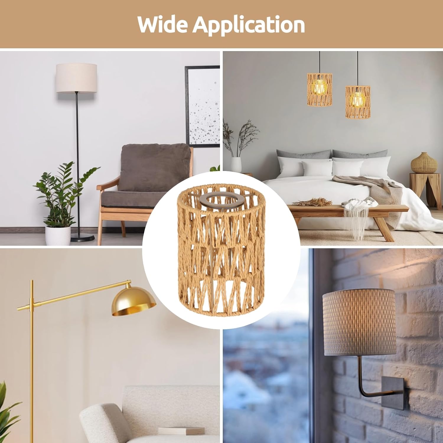 6 PCS Rattan Lamp Shade,Small Wicker Pendant Light Shade - Cylinder Woven Wicker Lampshades Replacement,Paper Rope & Metal Frame,Bohemian Ceiling Hanging Light Shades for Wall Light