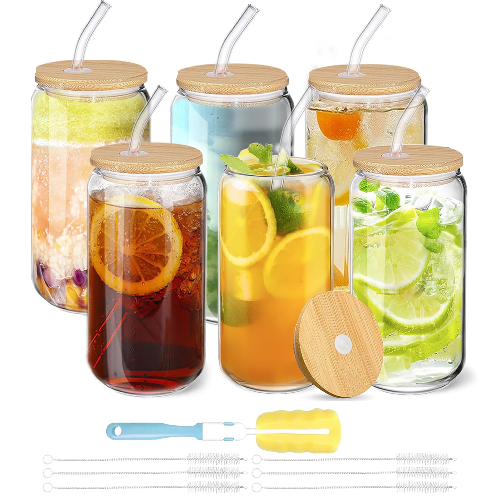 Glass Cups with Lids and Straws 6 Pcs 16 oz Iced Coffee Cups Set, Reusable Beer Can Shaped Glass Tumbler, Drinking Glasses for Smoothies, Tea Water Matcha Cup, Juice, Soda, Cocktail, Ideal Home Bar