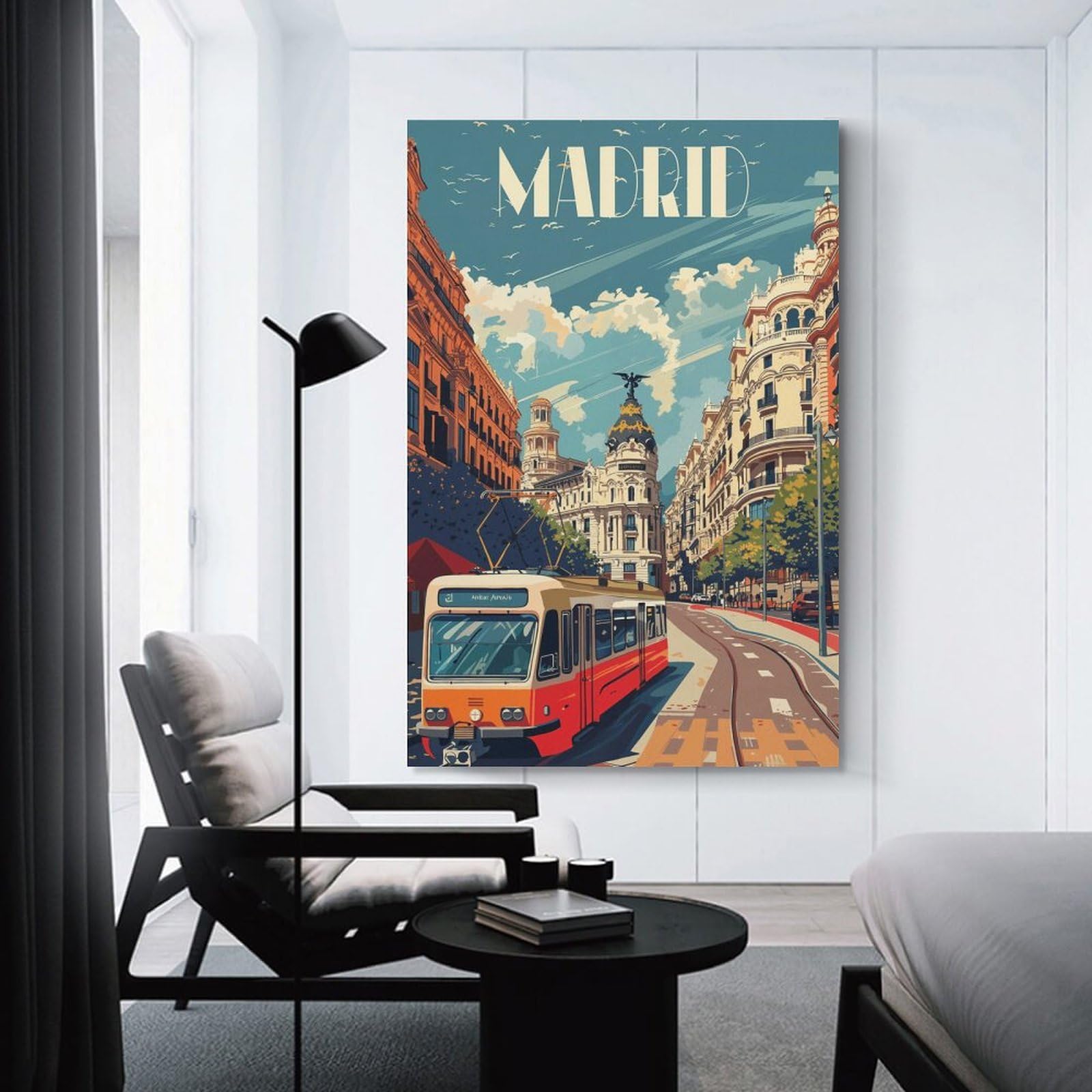Junmoney Unframe-Style-19 Canvas Wall Art Madrid Cityscape With Tram, 24X36inch(60X90cm), For Lounge, Study, Hallway Or Flat Walls, Canvas Wall Art That Fits Changing Layouts