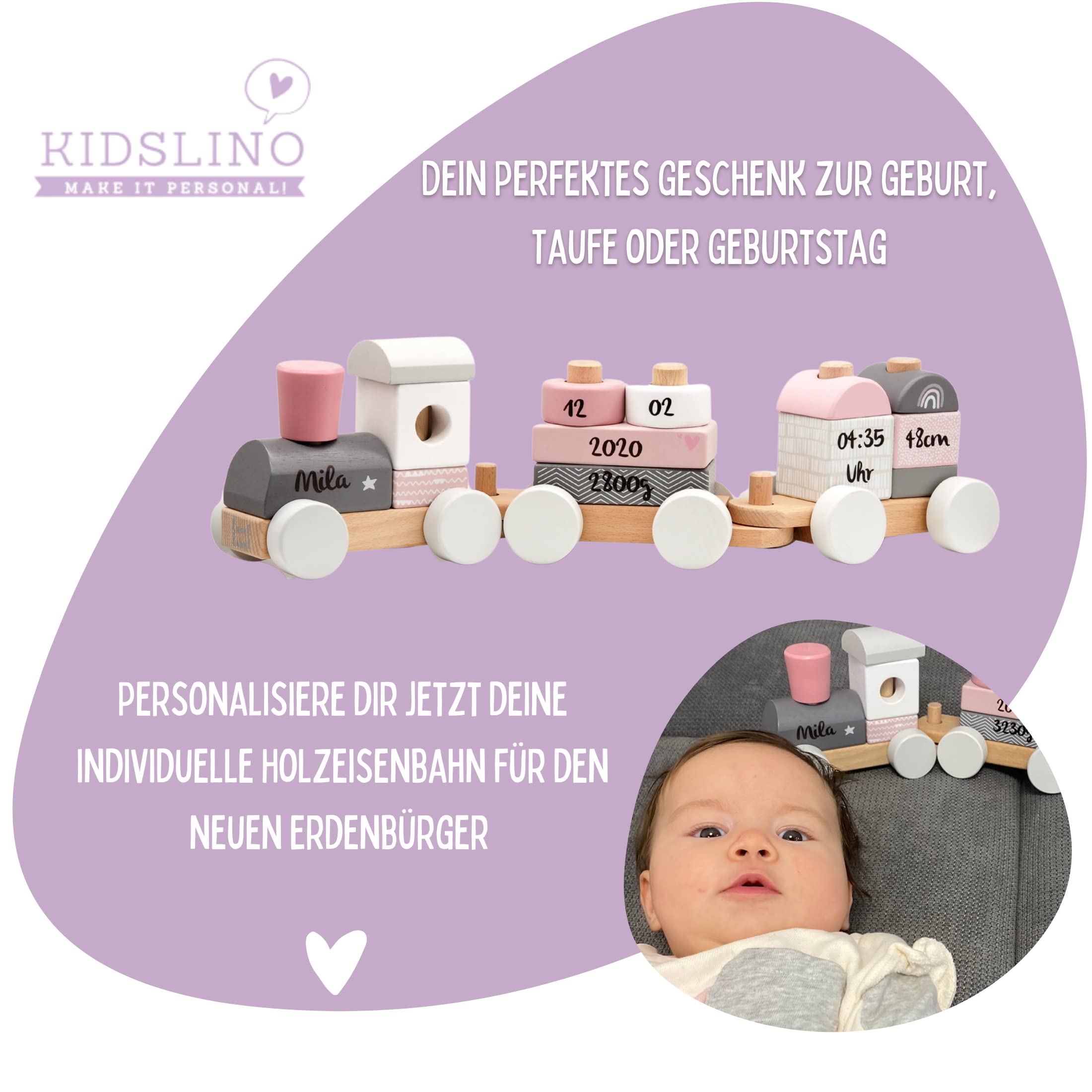 Holz Eisenbahn rosa - personalisierbar I Geschenk zur Geburt Mädchen I Handmade Holzspielzeug mit Steckformen I Personalisierte Geschenke Baby I Holzzug mit Name & Geburtsdaten