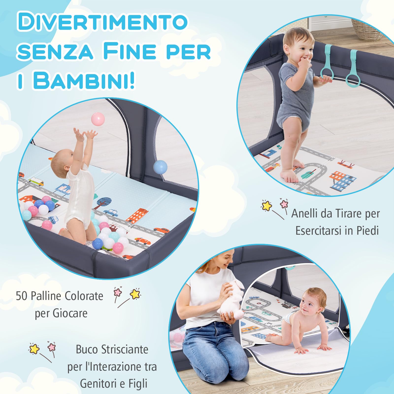 RELAX4LIFE Recinto Bambini 189 x 158 cm con Base a Ventosa, Materassino Pieghevole, Box Giochi, 4 Anelli e 50 Palline, 2 Entrate Laterali, Tasca Portaoggetti e Borsa Trasporto, Rete Traspirante