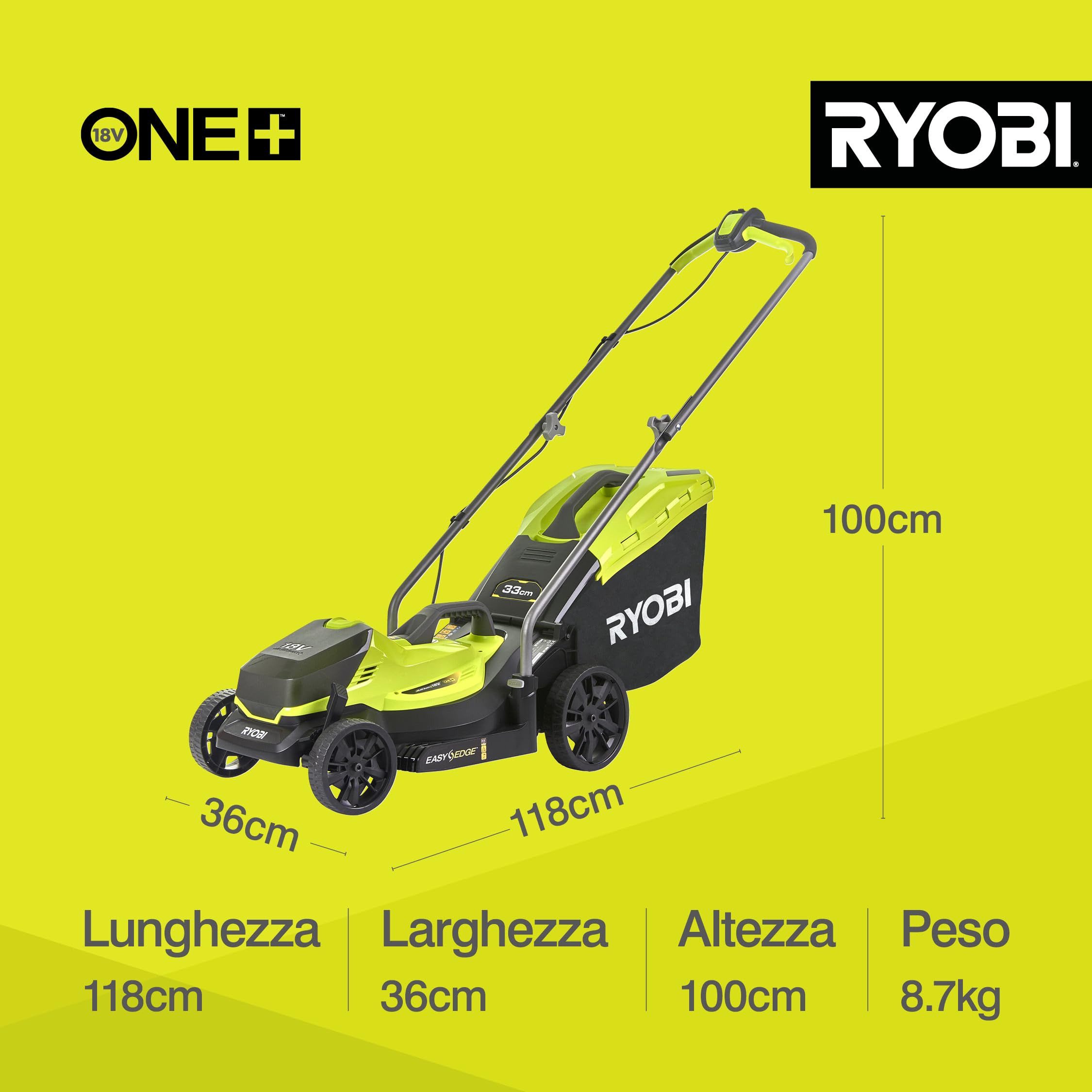 Ryobi OLM1833B Tosaerba a Batteria 18V ONE+, Ripiegabile, per Giardini Fino a 500 m², Batteria Non Inclusa, Taglio 33cm