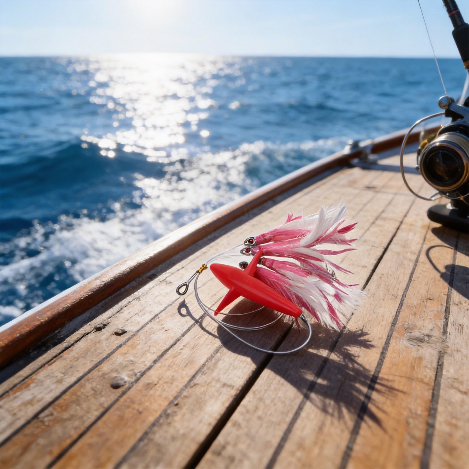 Señuelo de atún con falda de arrastre de plumas con gancho de acero para uso en barco de pesca de caza grande, cebo falso con cuerpo de gancho aplanado para mayor resistencia