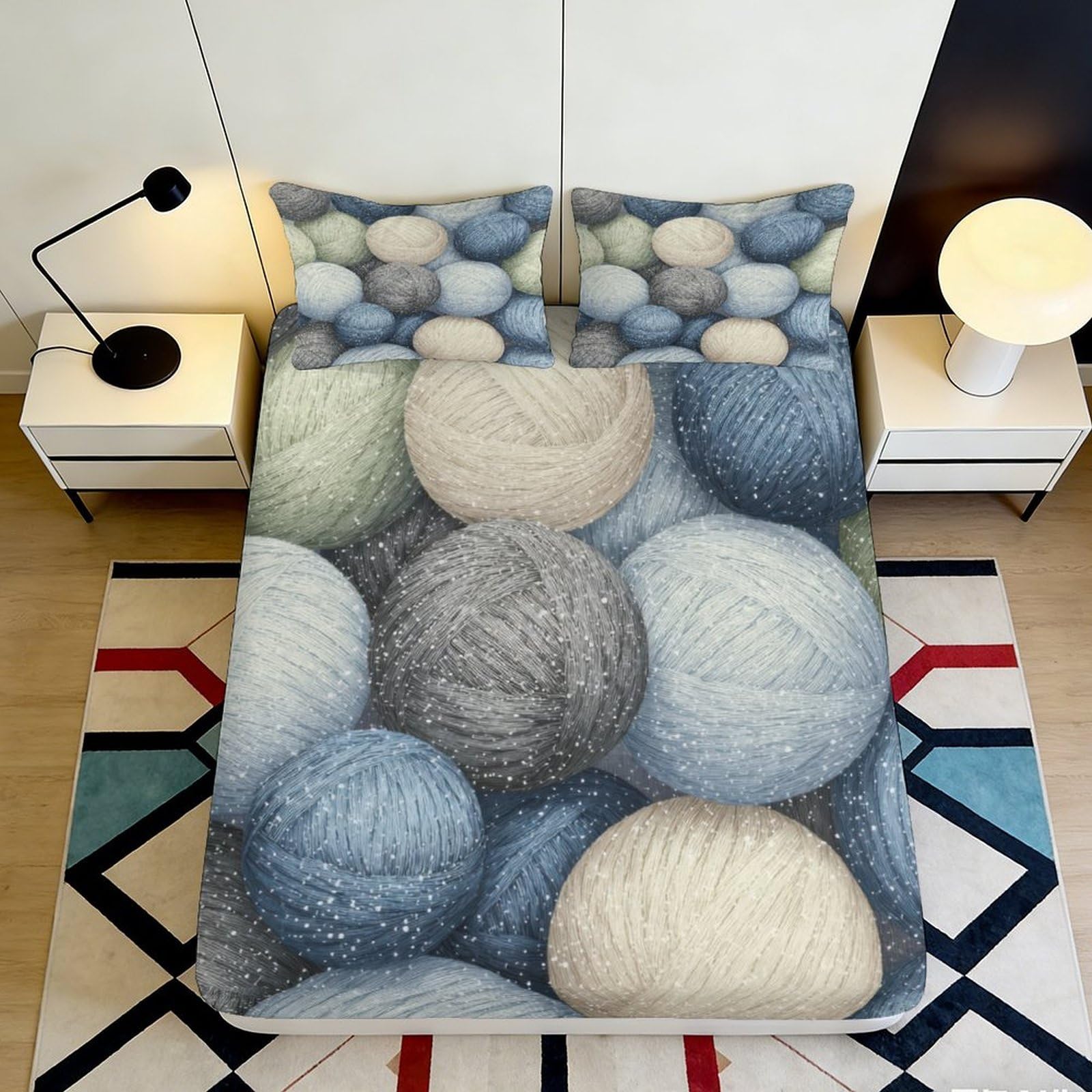 3D Printed Yarn Ball Pattern Fitted Sheet Microfiber Soft Anti-Slip Bed Cover for Bedroom Guest Room Dorm Mattress Protection 90x200x25cm