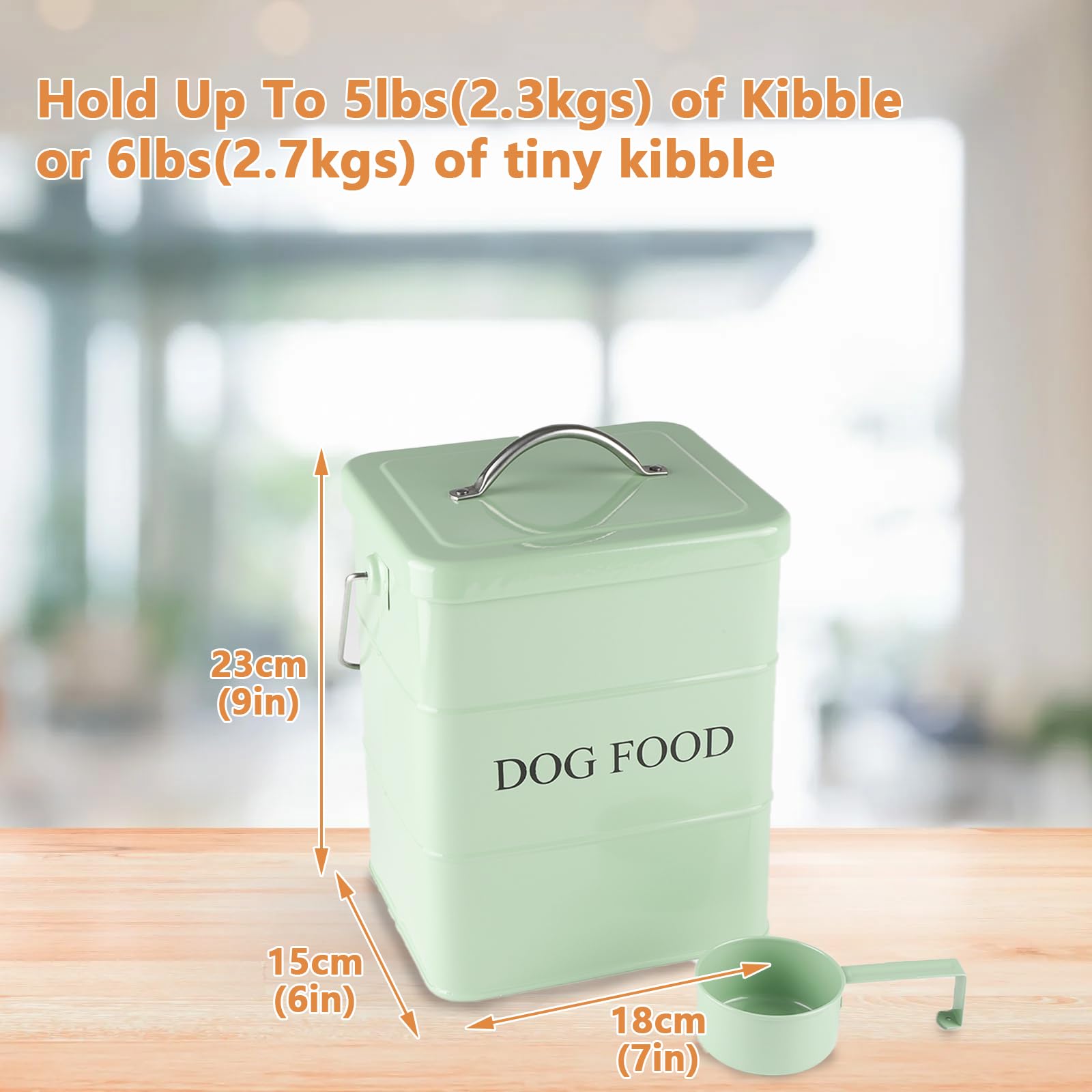 Geyecete-Contenitori Cibo Cane,Contenitori per alimenti per animali domestici,Contenitore crocchette Cani,in acciaio al carbonio rivestito,con coperchio e cucchiaio,Capacità 6L-verde