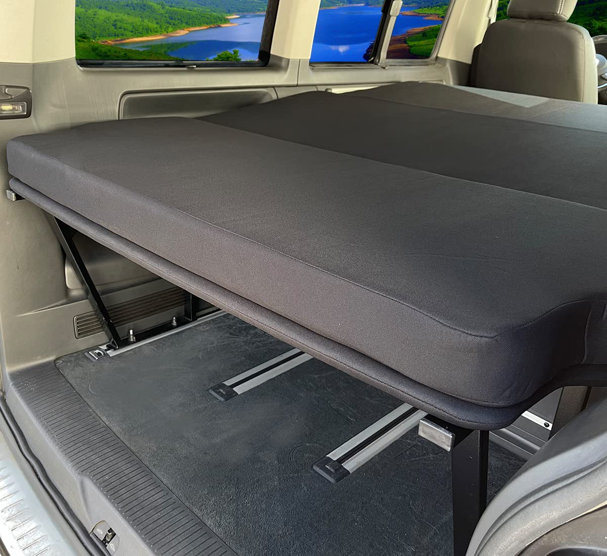 BREMER SITZBEZÜGE Tableau multiflex compatible avec VW Multivan T5 T6 T6.1, extension de lit, matelas de couchage, hauteur 51 cm, avec consoles et matelas pliant uni noir