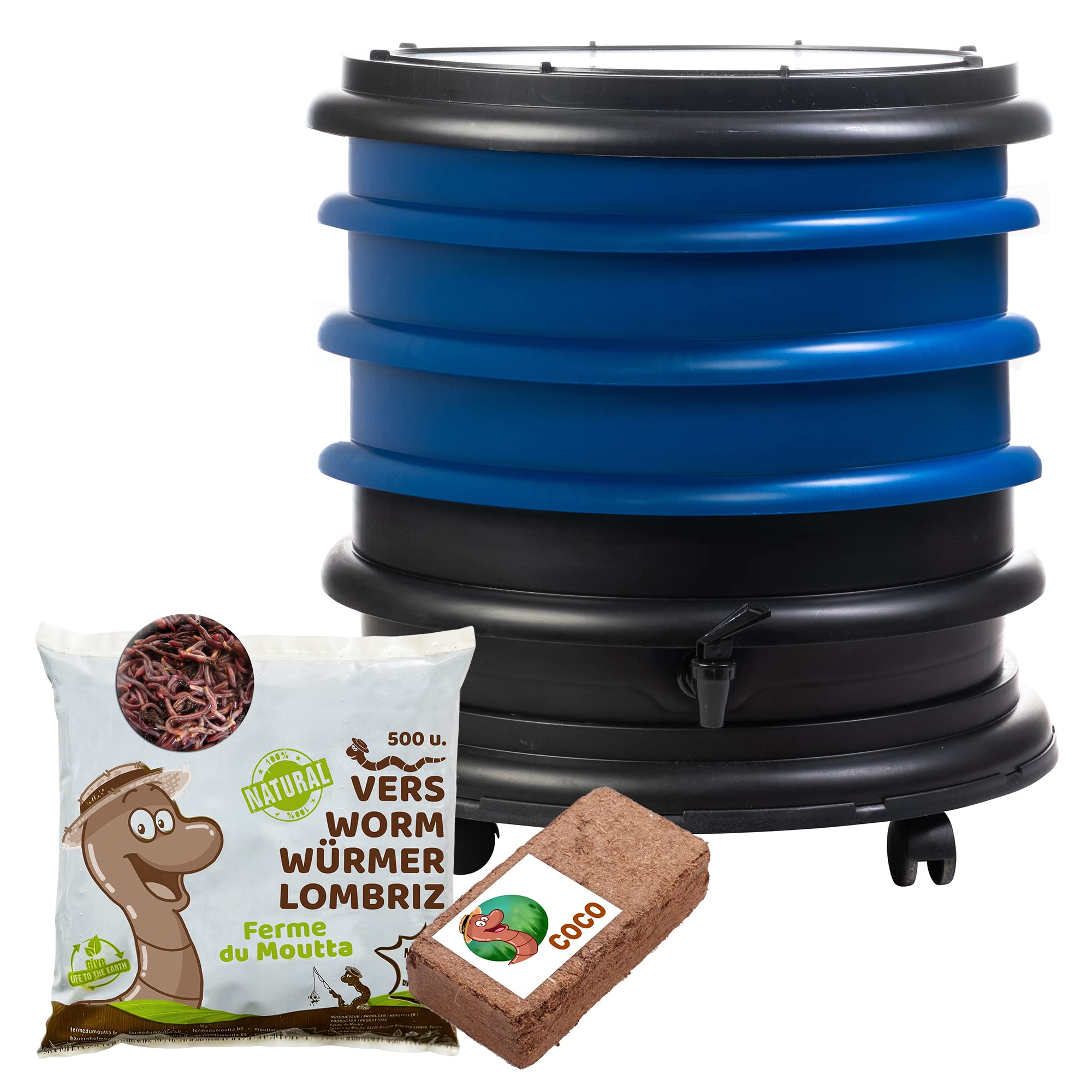 WORMbox | Wurmkomposter Wurmfarm Wurmkiste mit 4 Schalen Grau Pflanzgefäß 500g Kompostwürmer