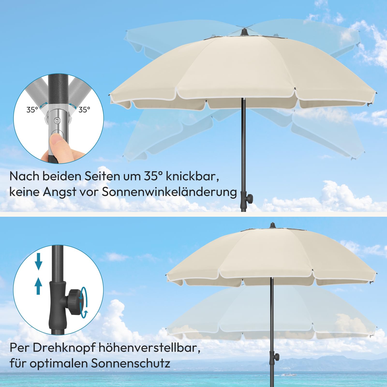Laneetal Parasol de Plage Ø135/155/175cm, Imperméable en Tissu Anti-UV à UPF 50+, Toile Inclinable, Hauteur Réglable, Parasol Rond Anti-Vent pour Balcon/Terrasse/Patio/Piscine