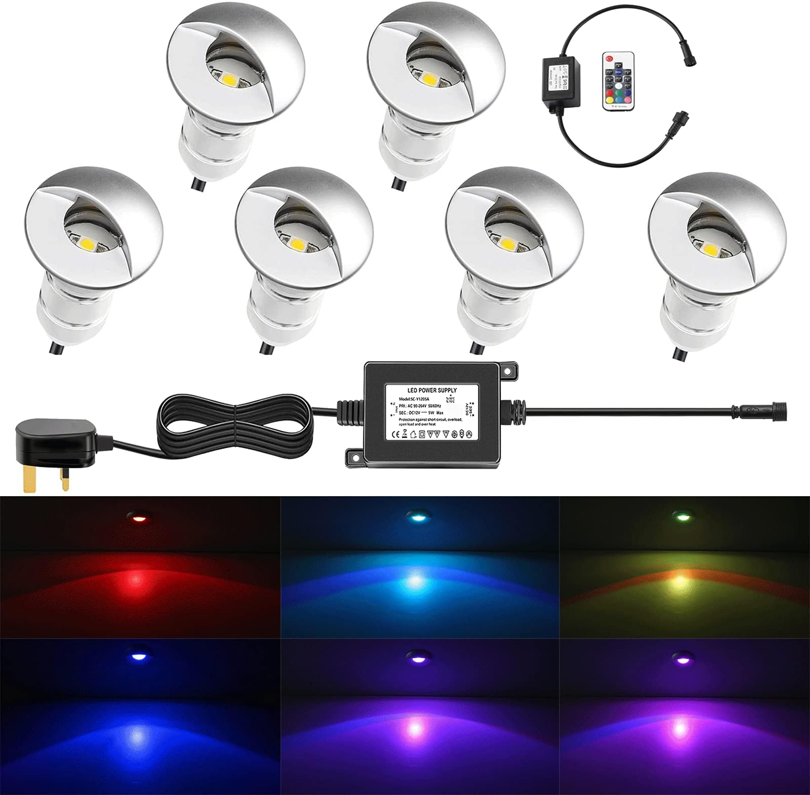 QACA 6Pack LED Deck Lights RGB 12V Low Voltage Floor Spotlight Waterproof IP65 0.8W Ø26mm for Steps Stair Patio Floor Deck Kitchen Plinth Led Landscape Outdoor Lighting