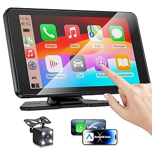 Apple Carplay Screen for Car, 7" HD Portable Car Stereo Touch Screen with Wireless Android Auto, Backup Camera with LED/Mirror Link/Voice Control/Bluetooth/GPS/AUX/FM Satellite Radio for All Vehicles
