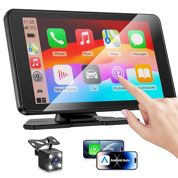 Apple Carplay Screen for Car, 7" HD Portable Car Stereo Touch Screen with Wireless Android Auto, Backup Camera with LED/Mirror Link/Voice Control/Bluetooth/GPS/AUX/FM Satellite Radio for All Vehicles