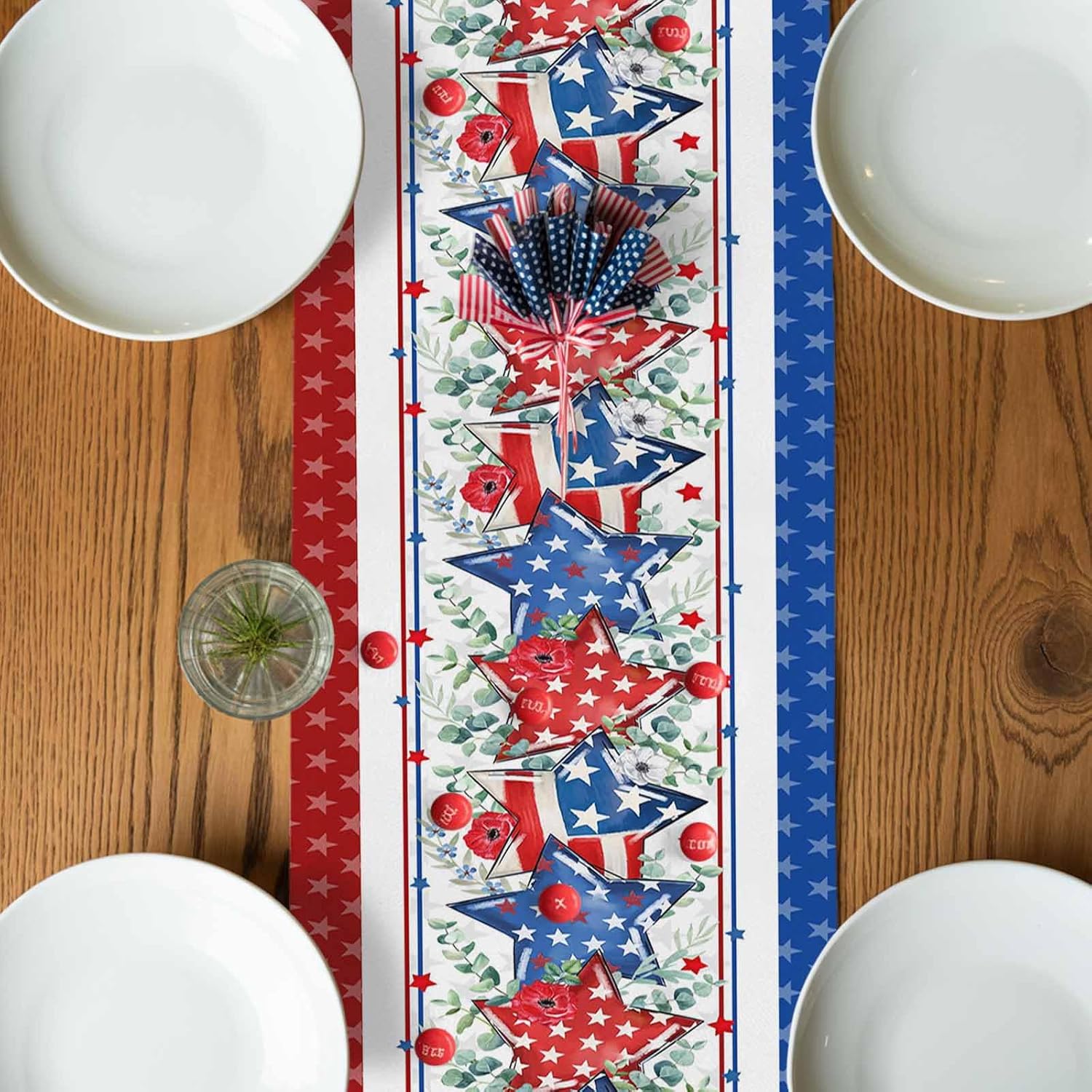 4th of July Table Runner 13x120 Inches Long Patriotic Stars Runner for Table Poppy Independence Day Table Runners Washable Dresser Scarf for Kitchen Coffee Dining Memorial Day Holiday Party Decor