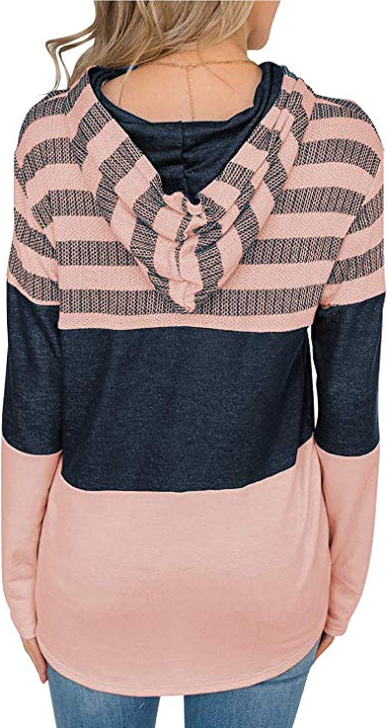 Alelly Women's pullover long sleeve stitching casual hooded sweatshirt pocket