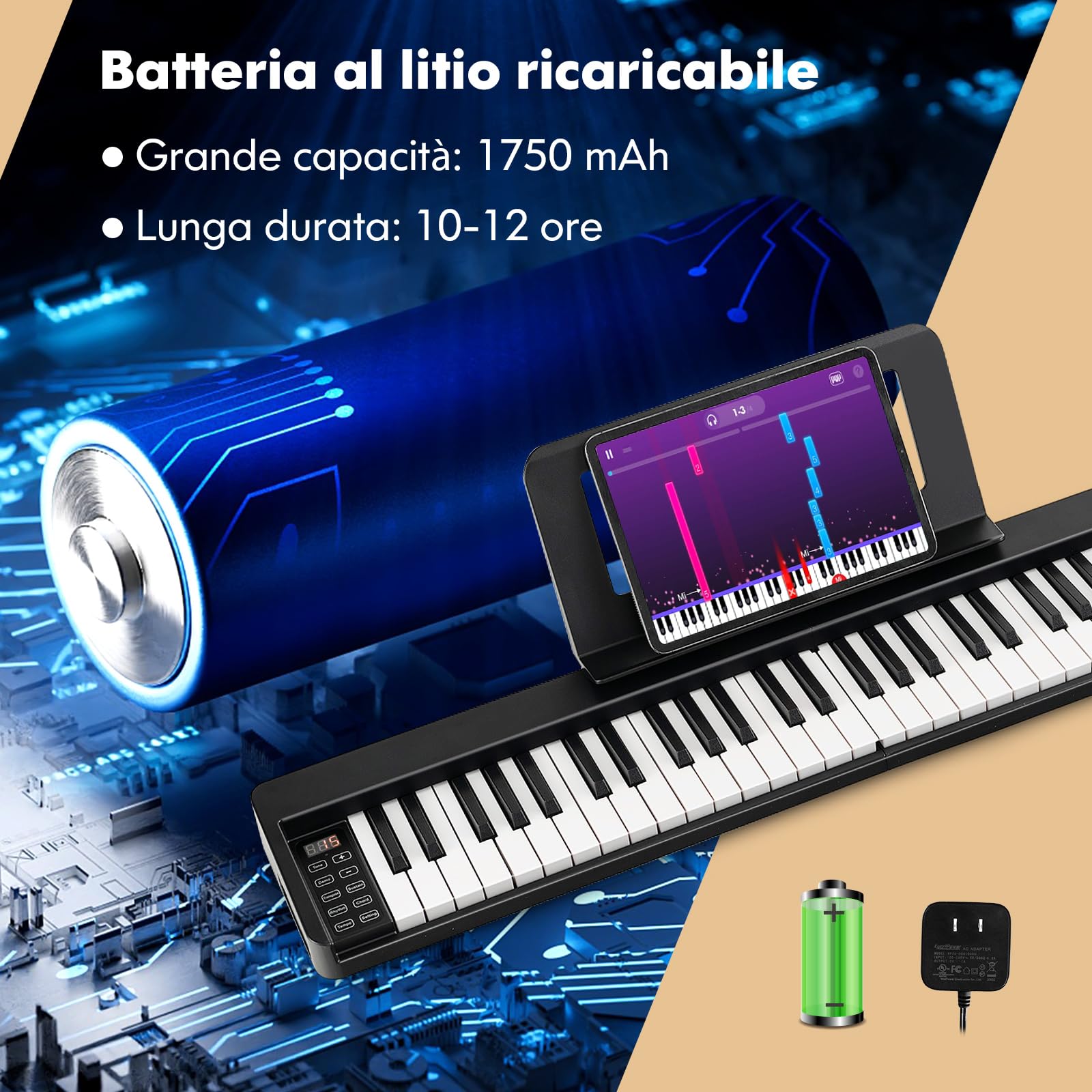COSTWAY Pianoforte Digitale Pieghevole 61 Tasti, Tastiera Elettronica Portatile, con Tasti a Grandezza Standard Leggio Pedale Sustain MIDI Bluetooth e Borsa, per Principianti Bambini Adulti, Nero